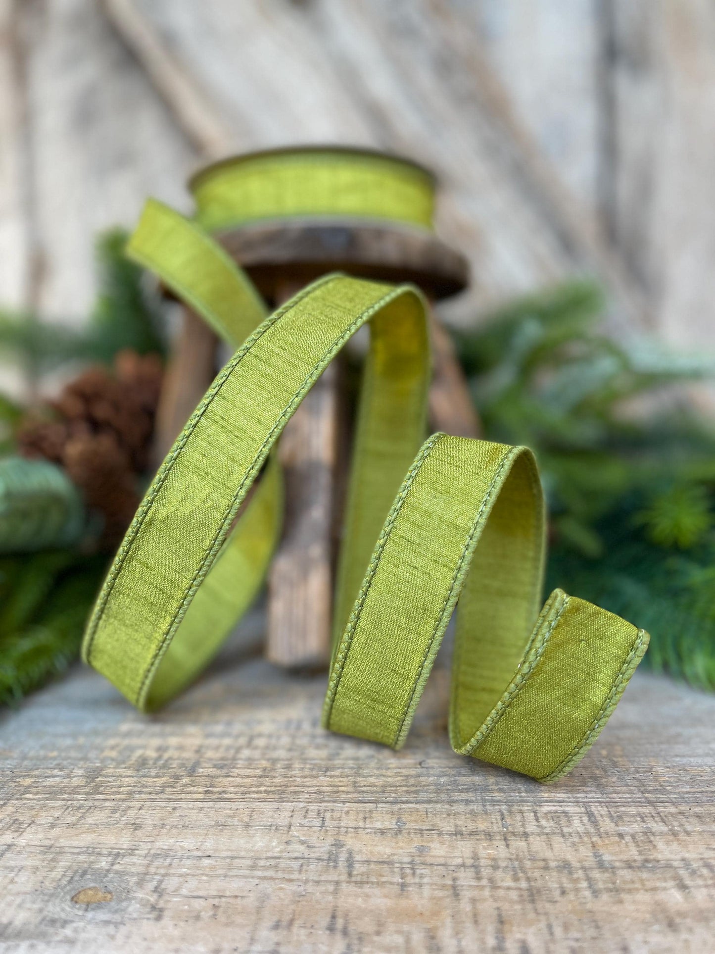 1" Olive Green Dupion Ribbon, Farrisilk Ribbon, Wired RIbbon, CHristmas RIbbon, Olive Green RIbbon, Lime Green Ribbon, RK608-76