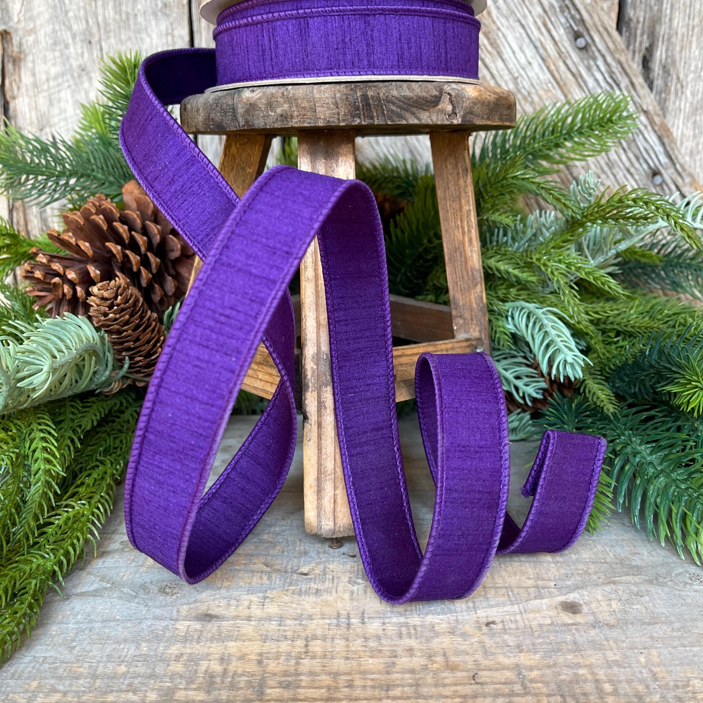 1” Purple Amethyst Dupion Ribbon, Farrisilk ribbon, wired ribbon