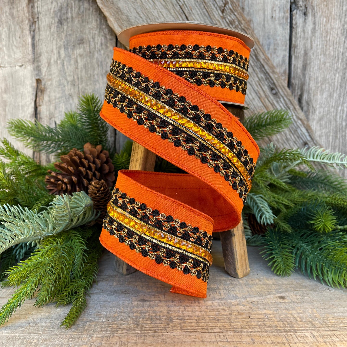 2.5" Halloween Ribbon, Supernatural Swirls, Farrisilk Ribbon, Wired Ribbon, Black Orange Ribbon, Designer Ribbon, Wreath Supply, HR029-87