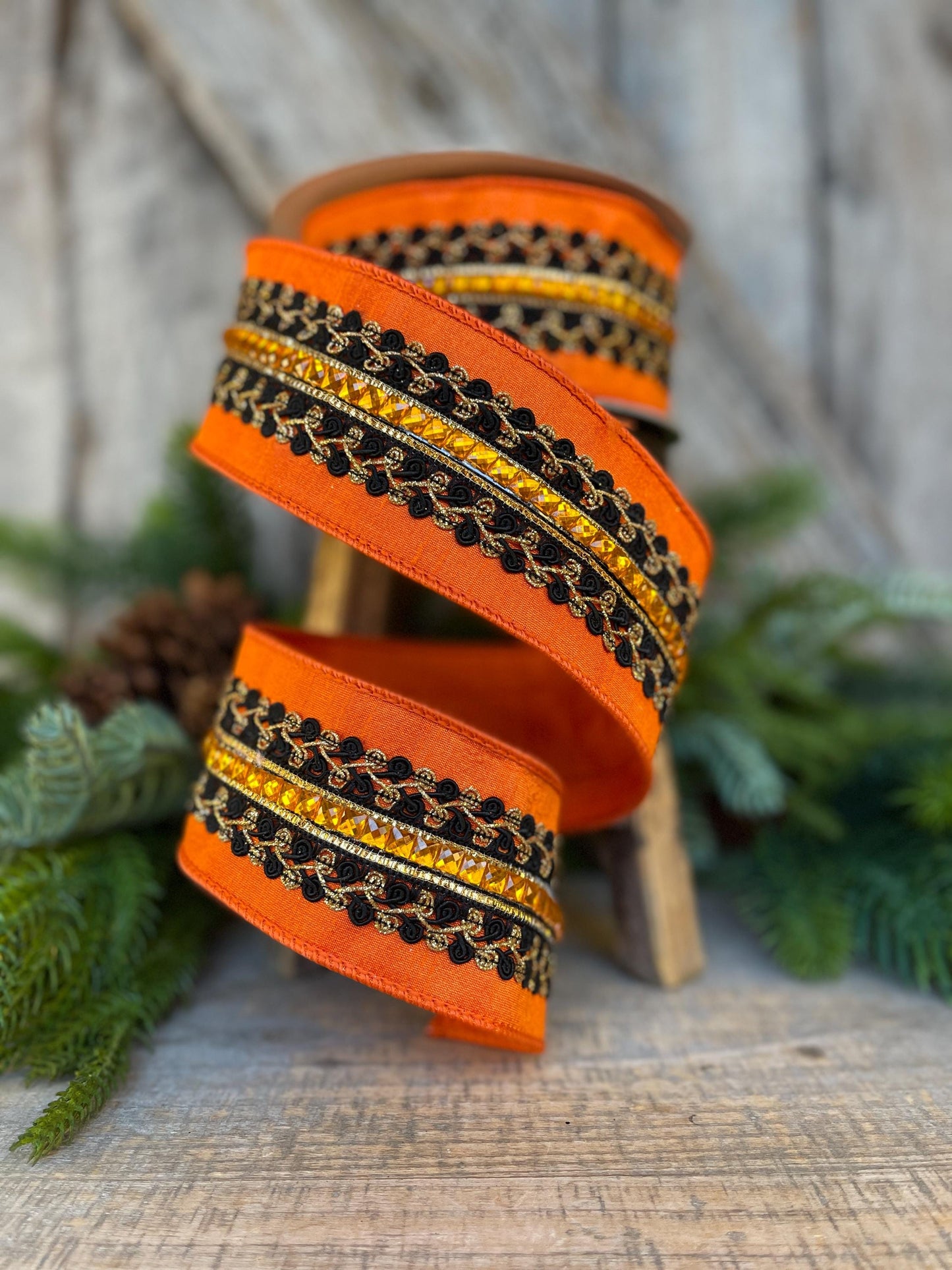 2.5" Halloween Ribbon, Supernatural Swirls, Farrisilk Ribbon, Wired Ribbon, Black Orange Ribbon, Designer Ribbon, Wreath Supply, HR029-87