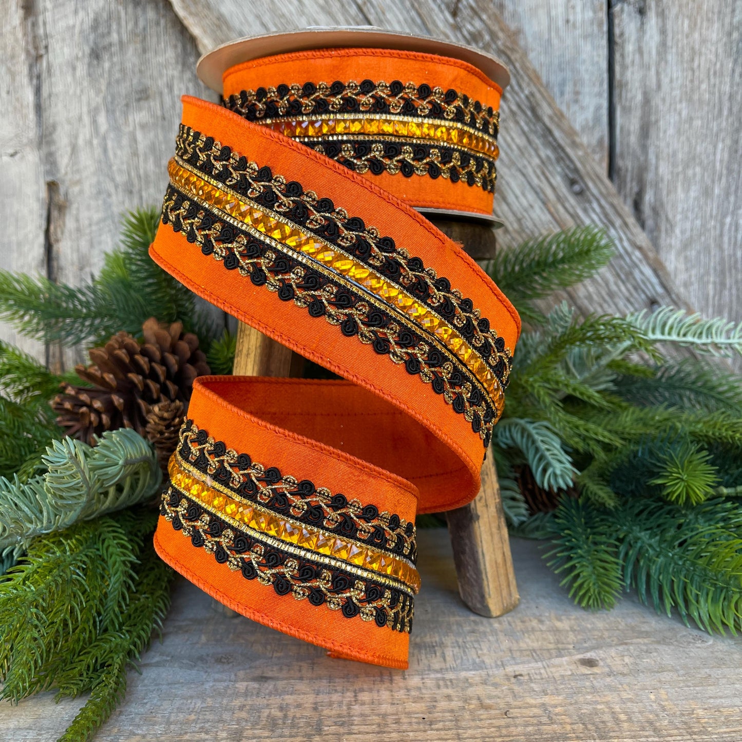 2.5" Halloween Ribbon, Supernatural Swirls, Farrisilk Ribbon, Wired Ribbon, Black Orange Ribbon, Designer Ribbon, Wreath Supply, HR029-87