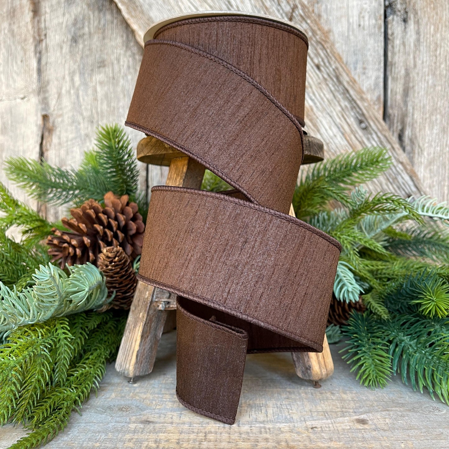 1” Chocolote Brown Dupioni Ribbon, Fall ribbon, Christmas ribbon, Woodsy colored Ribbon, Wired Ribbon, Farrisilk ribbon, RK608-23