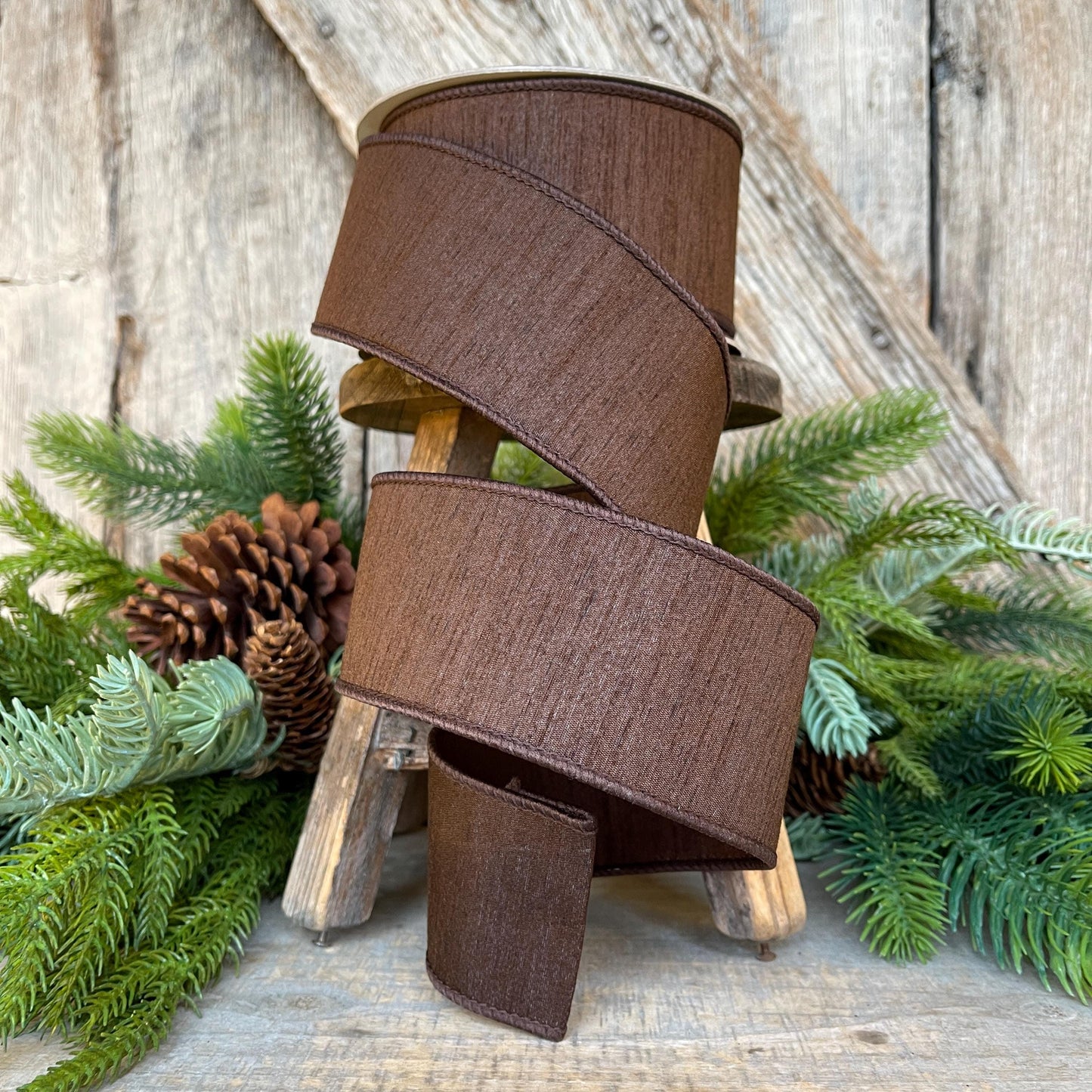 1” Chocolote Brown Dupioni Ribbon, Fall ribbon, Christmas ribbon, Woodsy colored Ribbon, Wired Ribbon, Farrisilk ribbon, RK608-23
