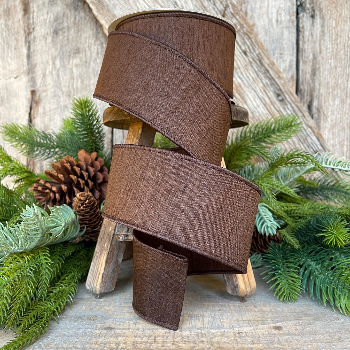 1” Chocolote Brown Dupioni Ribbon, Fall ribbon, Christmas ribbon, Woodsy colored Ribbon, Wired Ribbon, Farrisilk ribbon, RK608-23