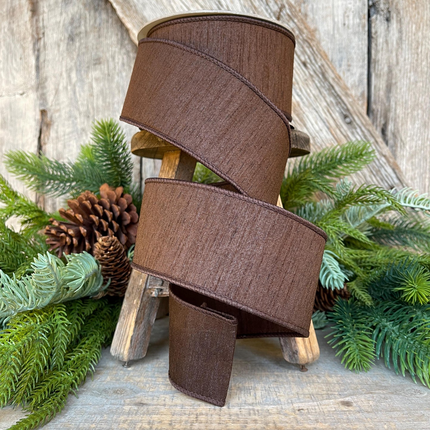 1” Chocolote Brown Dupioni Ribbon, Fall ribbon, Christmas ribbon, Woodsy colored Ribbon, Wired Ribbon, Farrisilk ribbon, RK608-23
