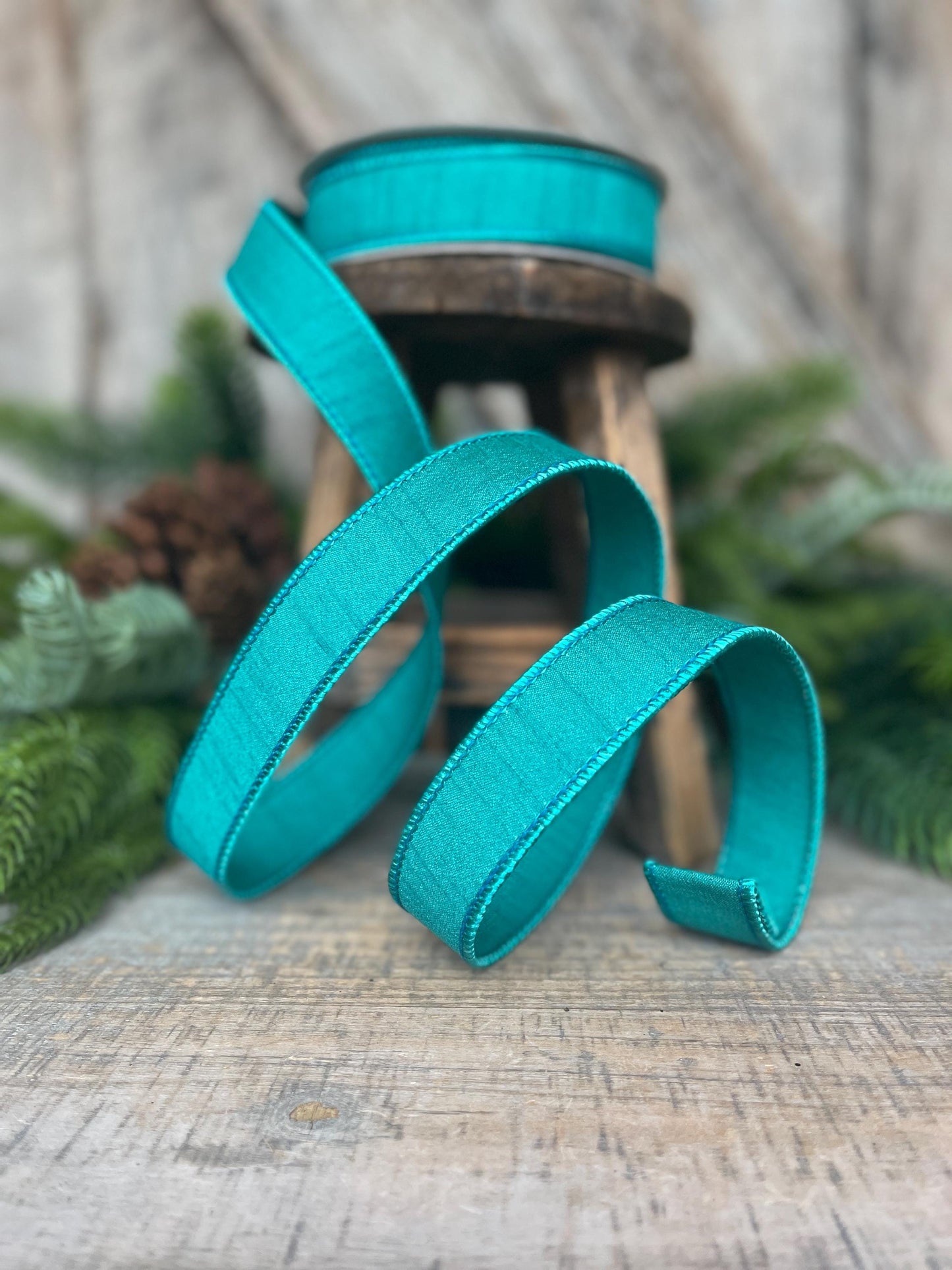 1" Teal Blue Dupion Ribbon, Farrisilk Ribbon, Wired Ribbon