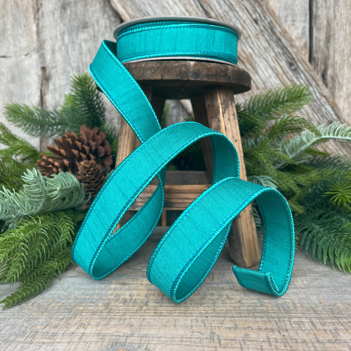 1" Teal Blue Dupion Ribbon, Farrisilk Ribbon, Wired Ribbon