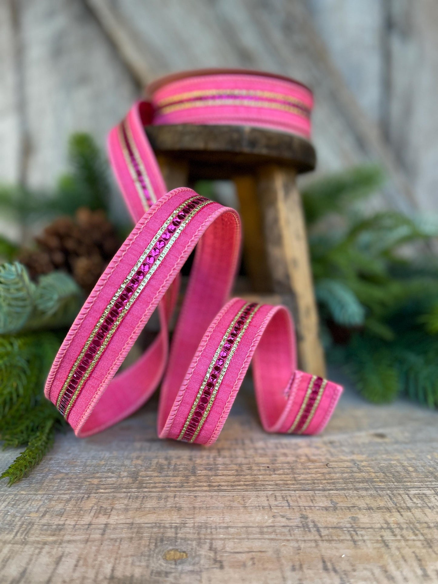 1" Pink Twinkle Trim Ribbon, Farrisilk ribbon, Pink Jeweled RIbbon