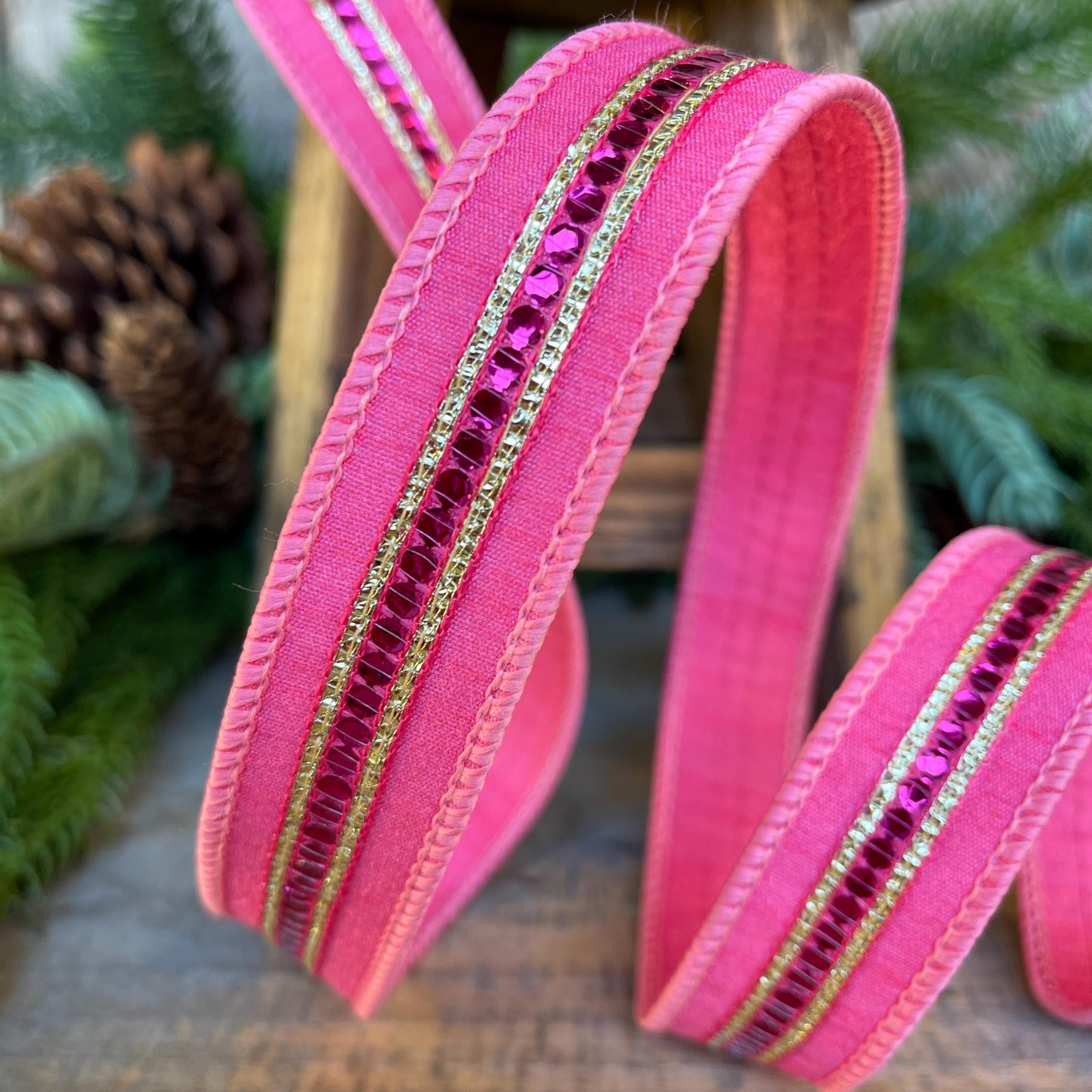 1" Pink Twinkle Trim Ribbon, Farrisilk ribbon, Pink Jeweled RIbbon