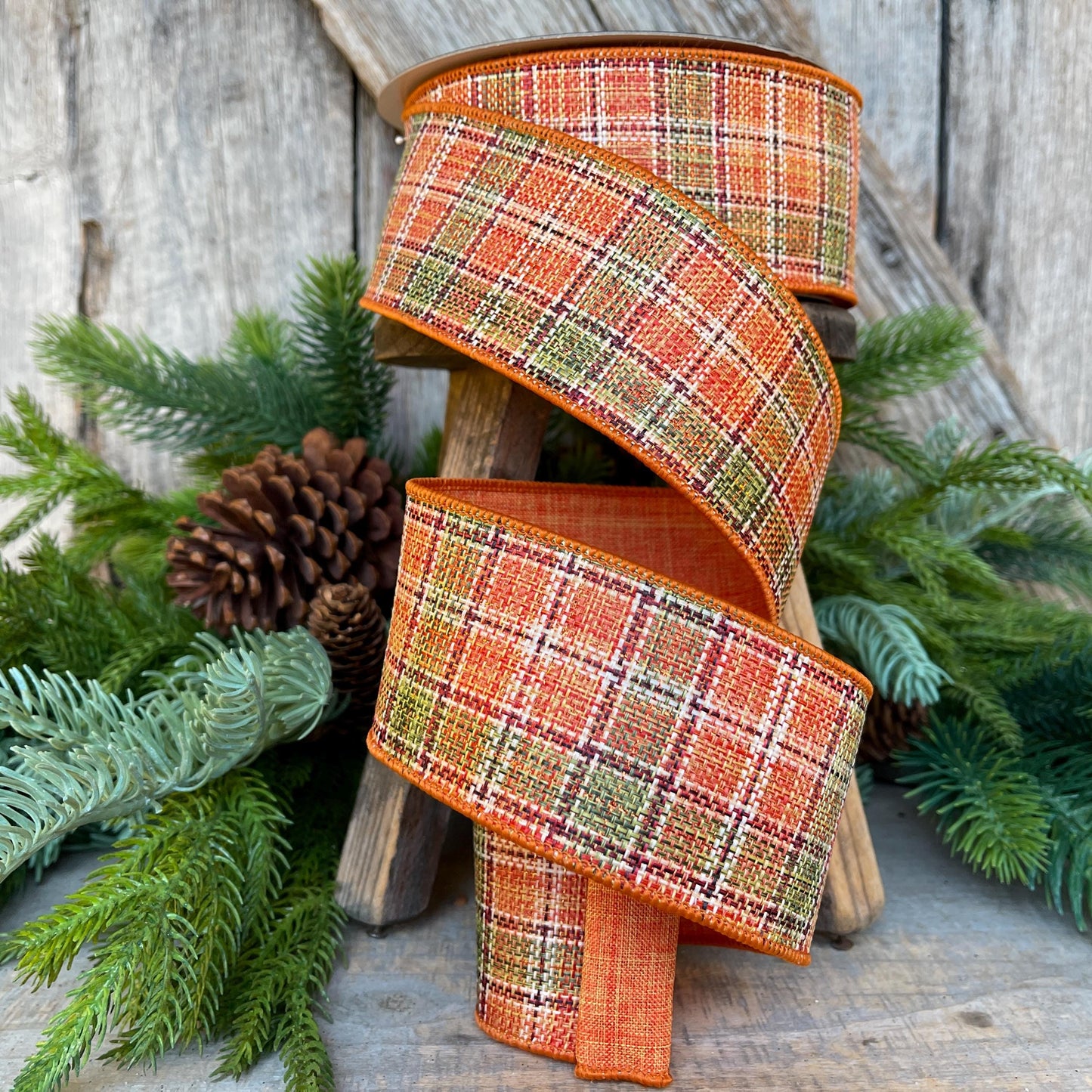 2.5" Fall Plaid Ribbon, Farrisilk Ribbon, Autumn Tweed Ribbon, Orange Plaid Ribbon, Wired Ribbon, RS252-52