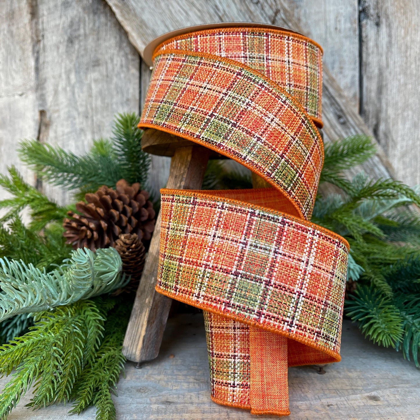 2.5" Fall Plaid Ribbon, Farrisilk Ribbon, Autumn Tweed Ribbon, Orange Plaid Ribbon, Wired Ribbon, RS252-52