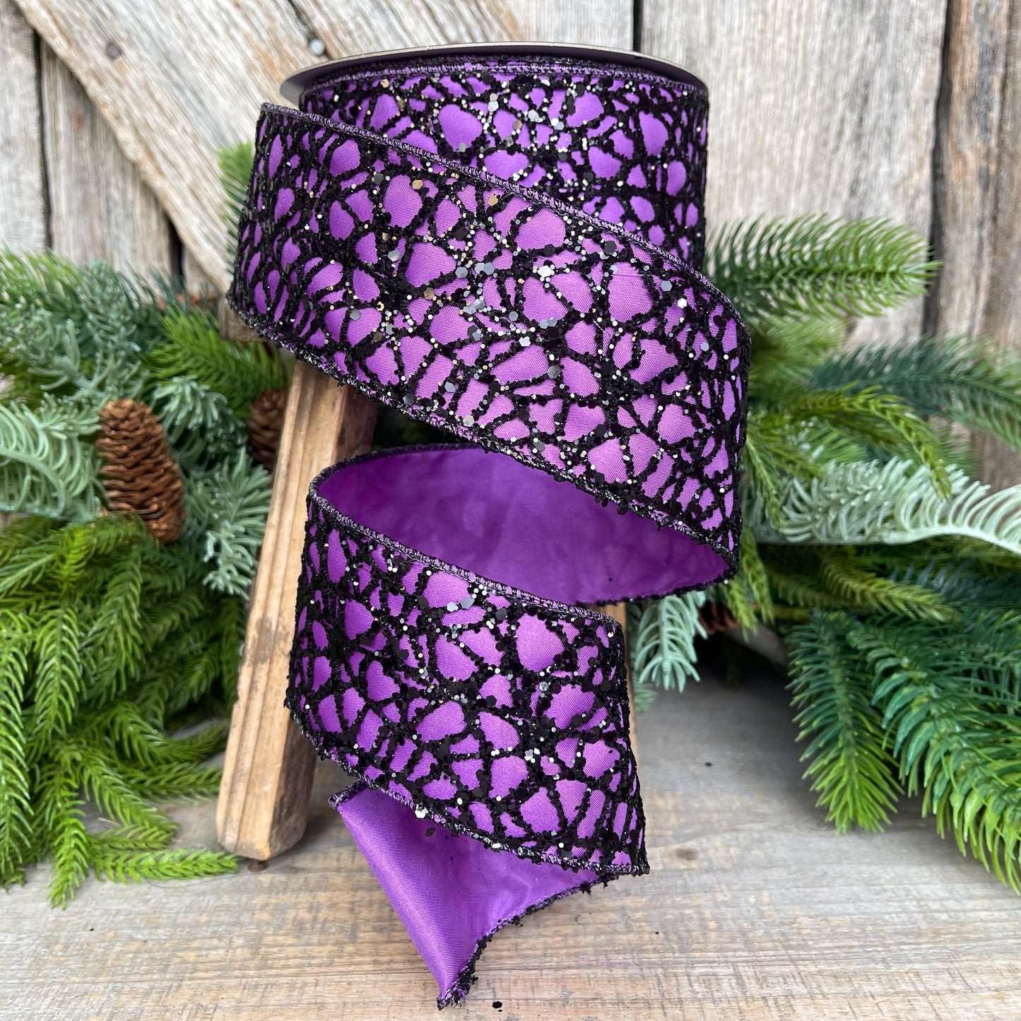 2.5" Purple Black Glitzy Web Ribbon, Farrisilk Ribbon, Halloween RIbbon, SPider Web Ribbon, Designer Ribbon, Wired RIbbon, RS105-86