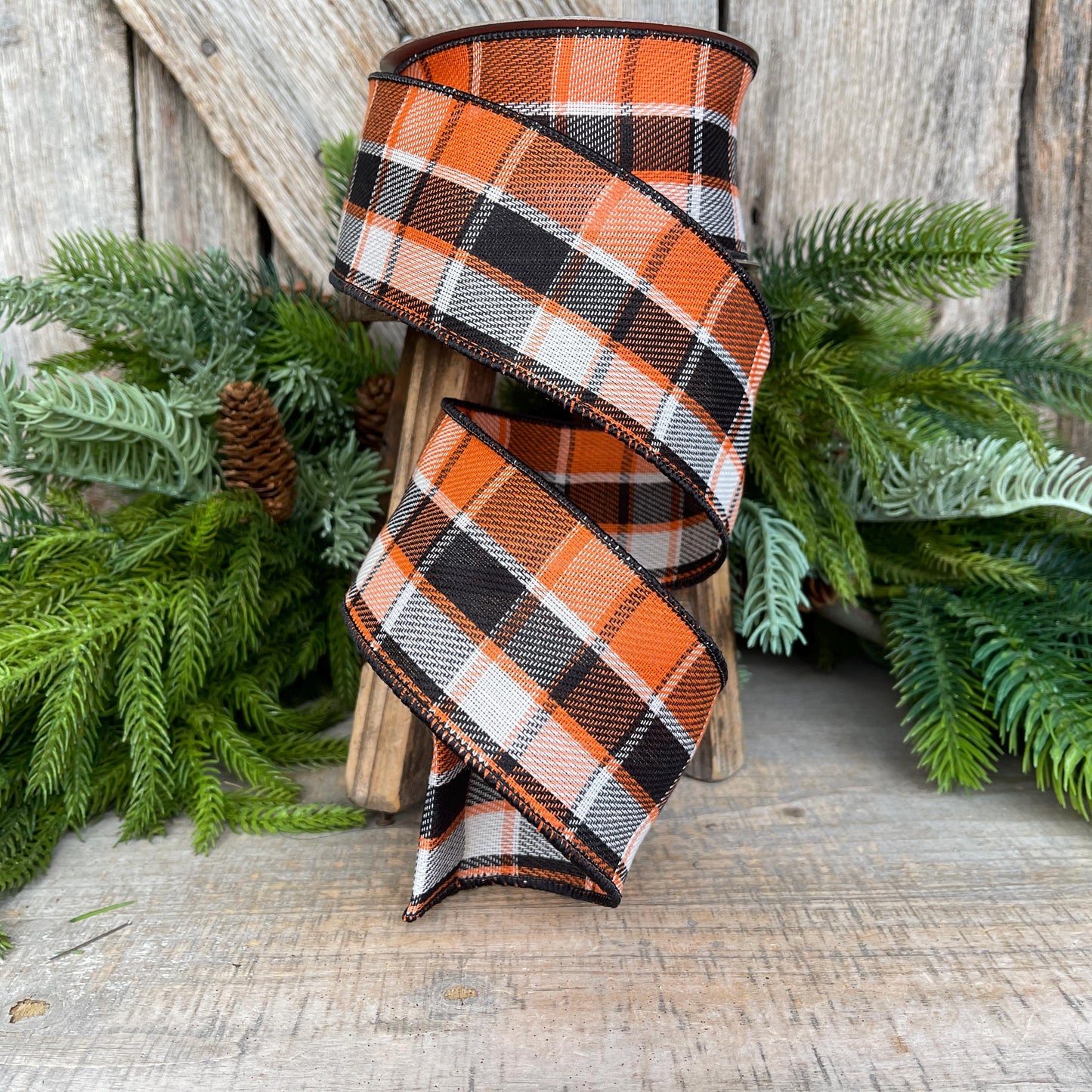 2.5" Fall Halloween Plaid RIbbon, WIred RIbbon, ORange BLack Ribbon