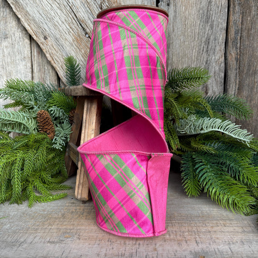 4" Pink and Green Bias Plaid RIbbon, Preppy Ribbon, Bubblegum Pink Plaid Ribbon