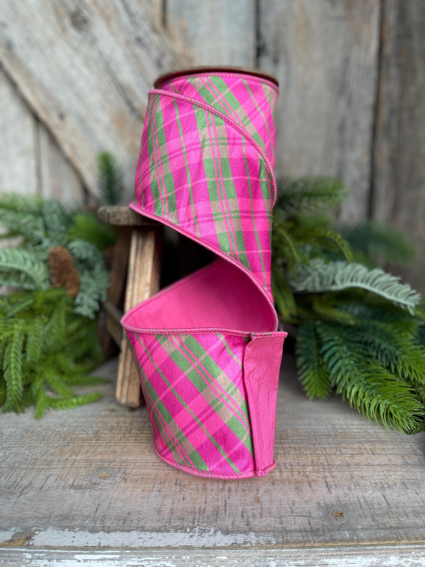 4" Pink and Green Bias Plaid RIbbon, Preppy Ribbon, Bubblegum Pink Plaid Ribbon, Christmas Ribbon, Hot Pink Ribbon