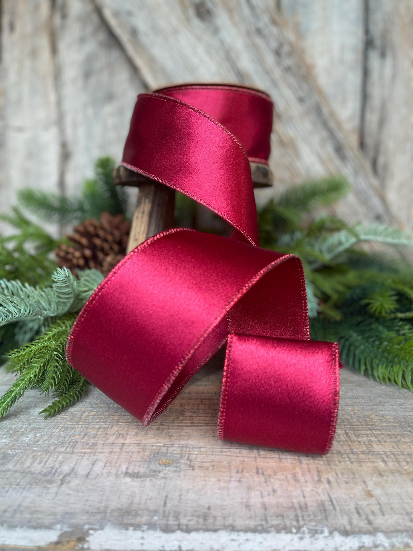 2.5" Wine Burgundy Satin Ribbon, Christmas Ribbon, Shimmer Satin Ribbon, Wired Ribbon, Maroon Ribbon