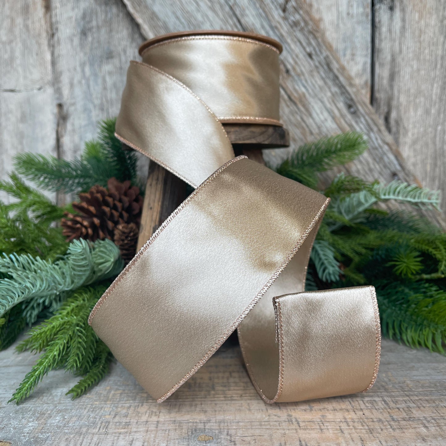 2.5" Gold Satin Ribbon, Christmas Ribbon, Shimmer Satin Ribbon, Wired Ribbon, Gold Ribbon