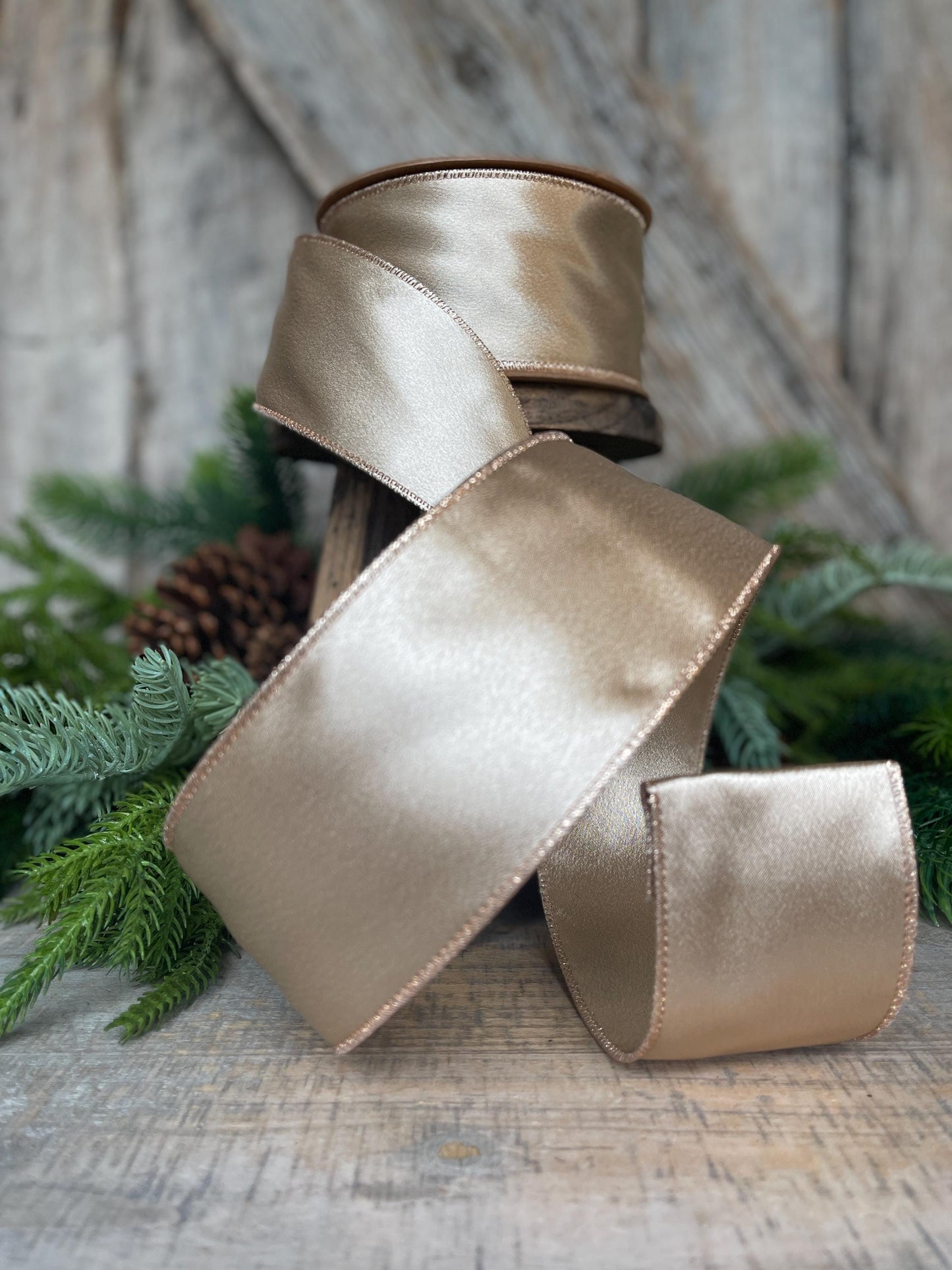 2.5" Gold Satin Ribbon, Christmas Ribbon, Shimmer Satin Ribbon, Wired Ribbon, Gold Ribbon