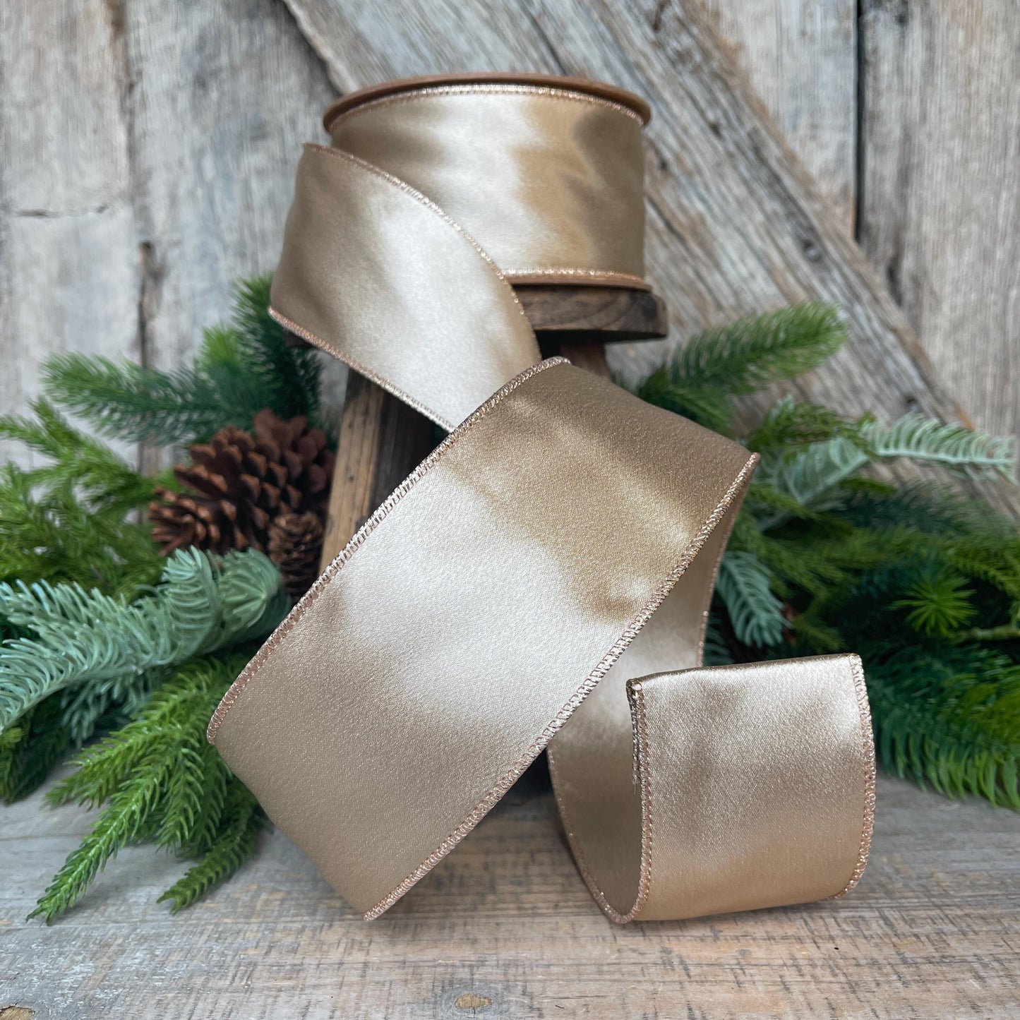 2.5" Gold Satin Ribbon, Christmas Ribbon, Shimmer Satin Ribbon, Wired Ribbon, Gold Ribbon