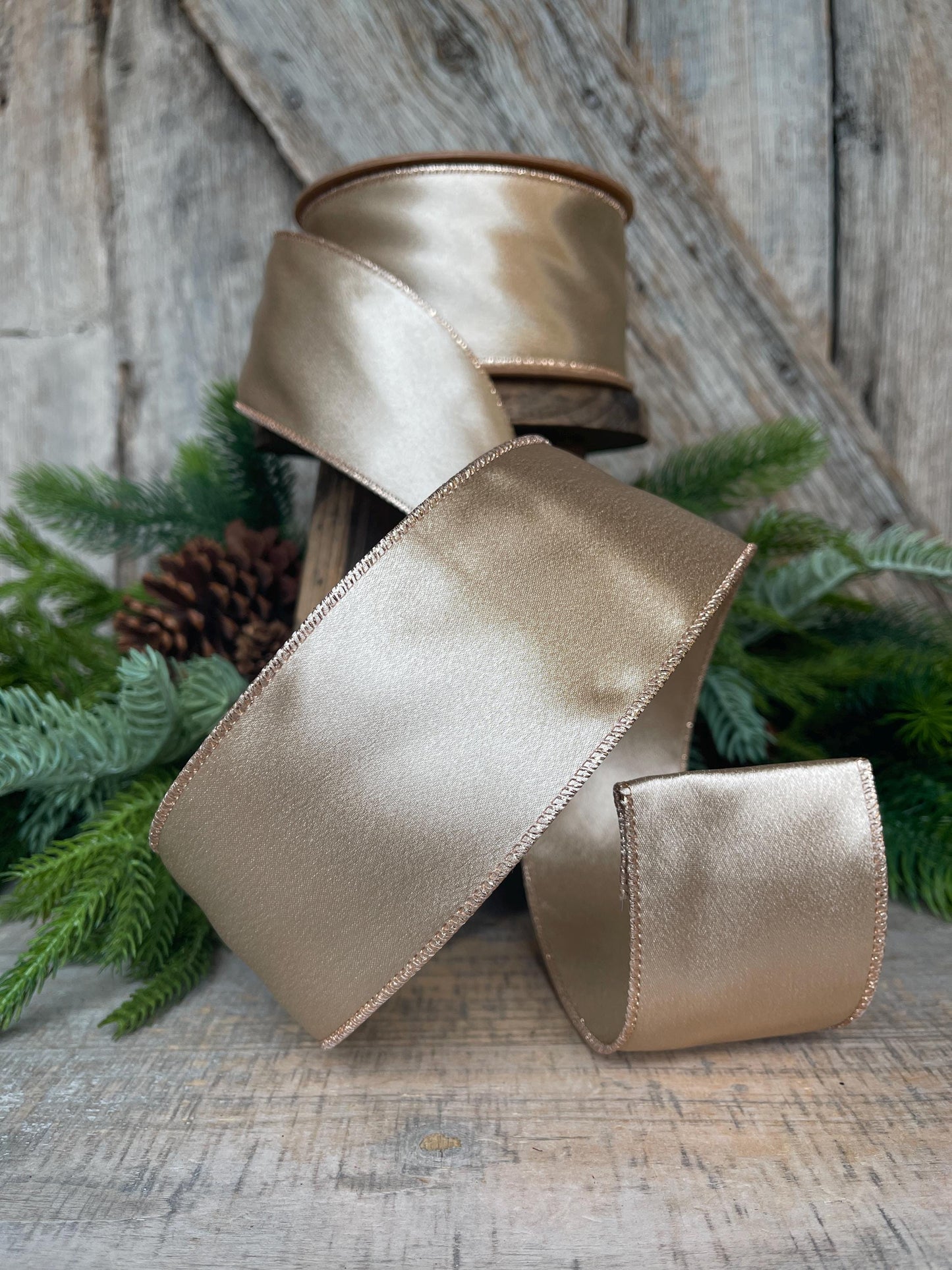 2.5" Gold Satin Ribbon, Christmas Ribbon, Shimmer Satin Ribbon, Wired Ribbon, Gold Ribbon