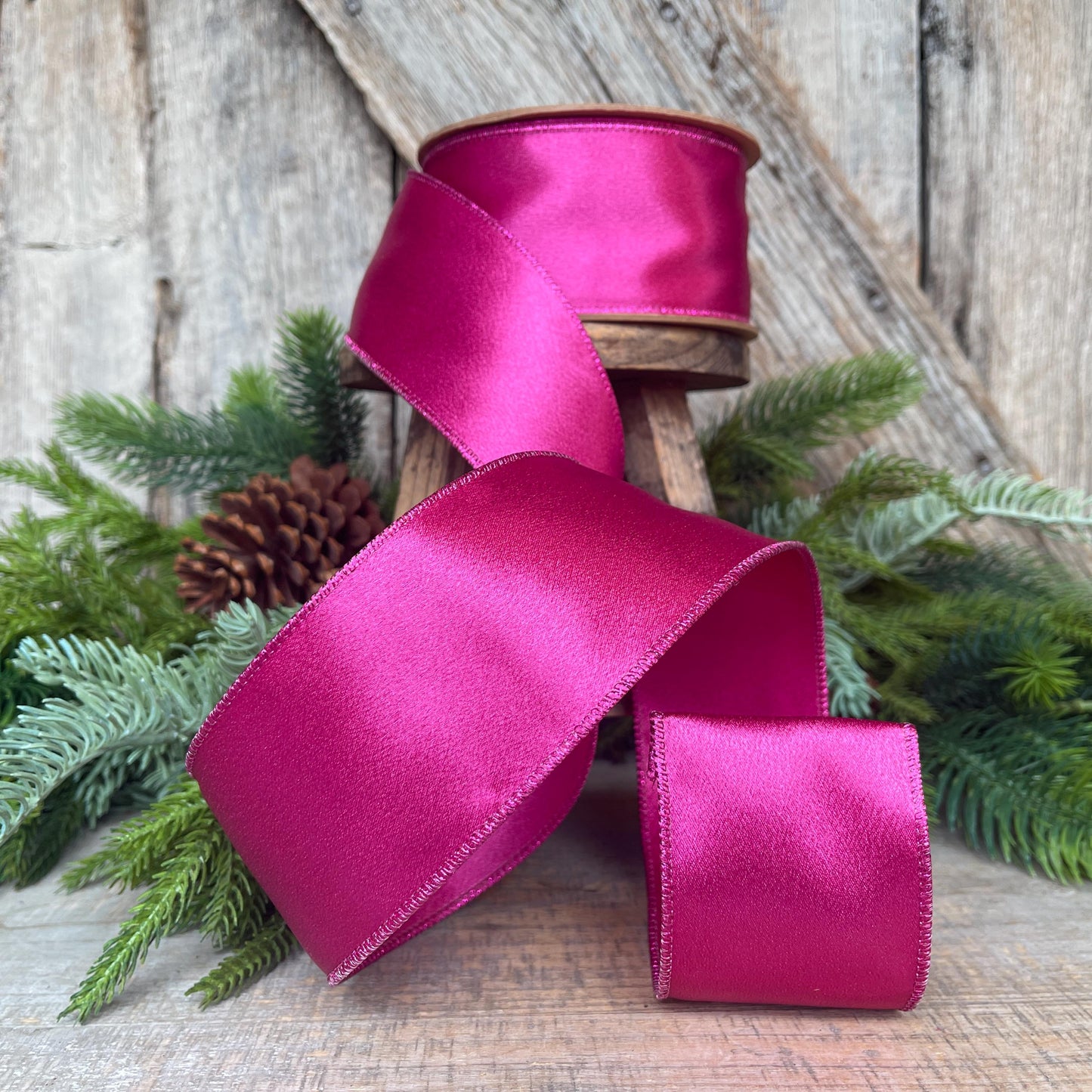 4" Hot Pink Satin Ribbon, Christmas Ribbon, Shimmer Satin Ribbon, Wired Ribbon, Hot Pink Ribbon