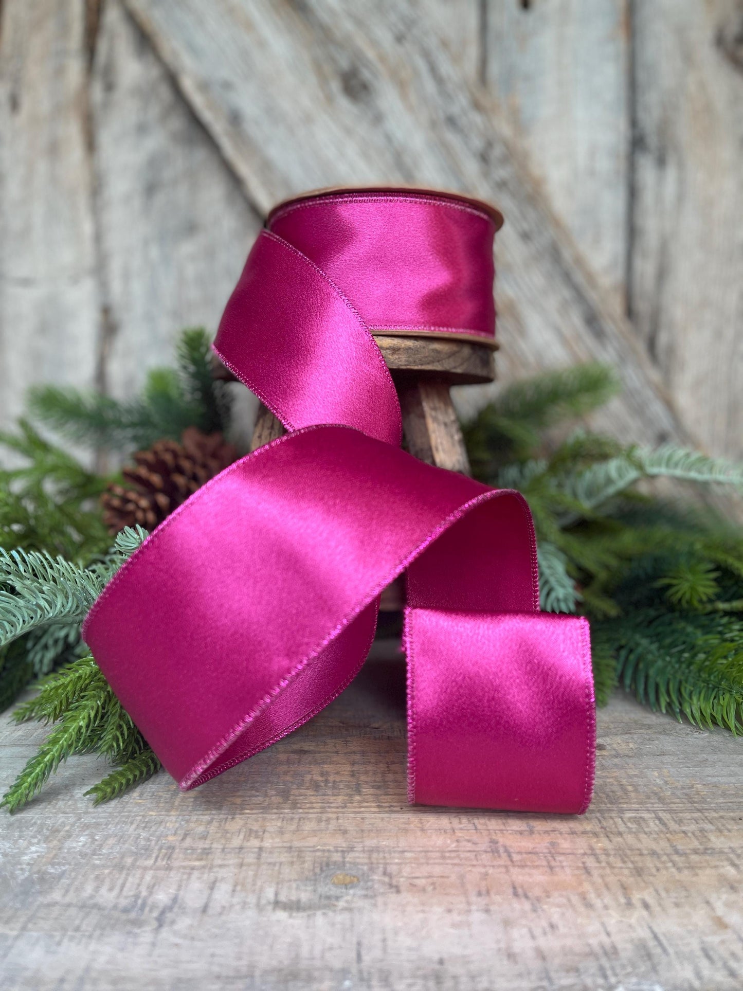 4" Hot Pink Satin Ribbon, Christmas Ribbon, Shimmer Satin Ribbon, Wired Ribbon, Hot Pink Ribbon