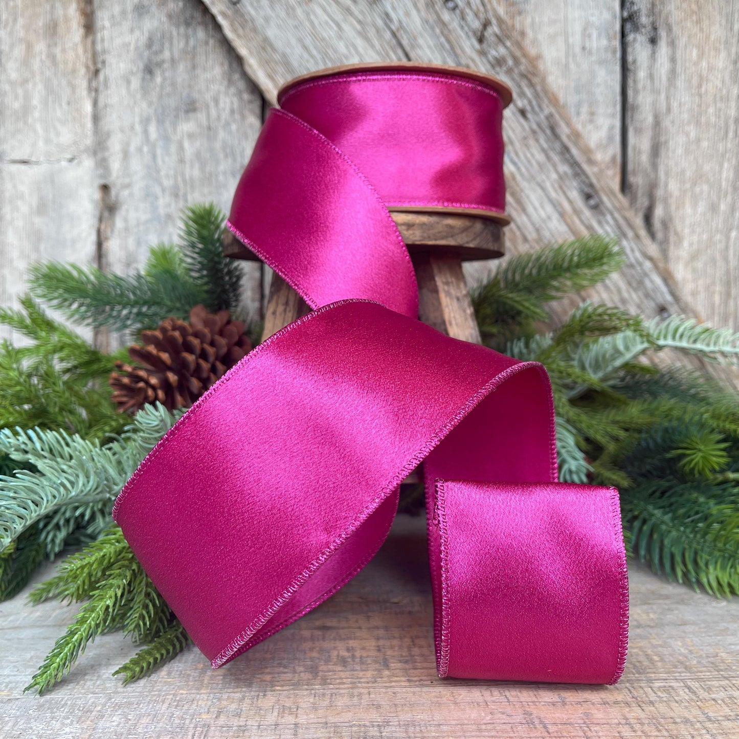 4" Hot Pink Satin Ribbon, Christmas Ribbon, Shimmer Satin Ribbon, Wired Ribbon, Hot Pink Ribbon