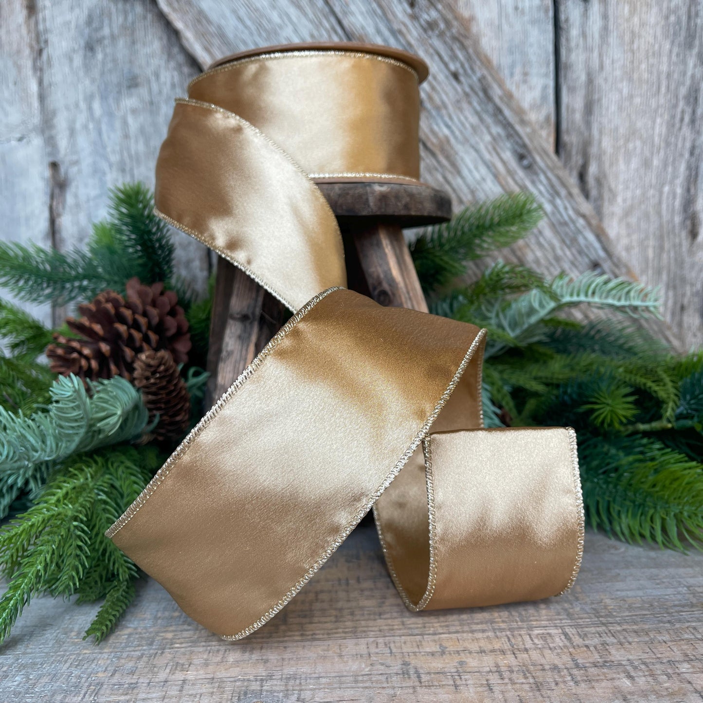 2.5" Gold Satin Ribbon, Christmas Ribbon, Shimmer Satin Ribbon, Wired Ribbon, Gold Ribbon