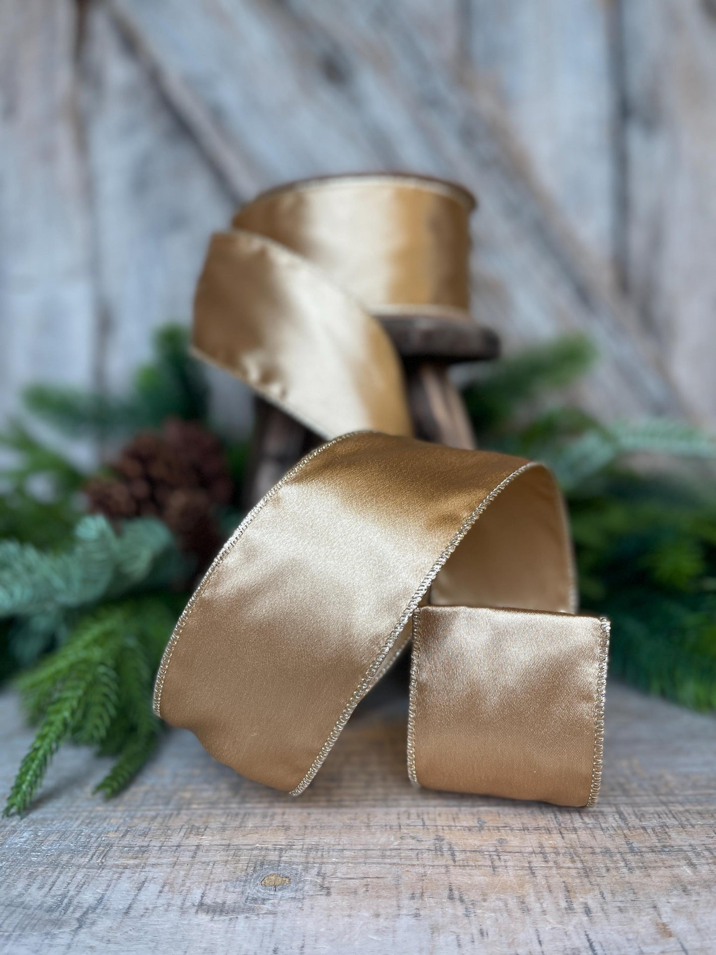 2.5" Gold Satin Ribbon, Christmas Ribbon, Shimmer Satin Ribbon, Wired Ribbon, Gold Ribbon