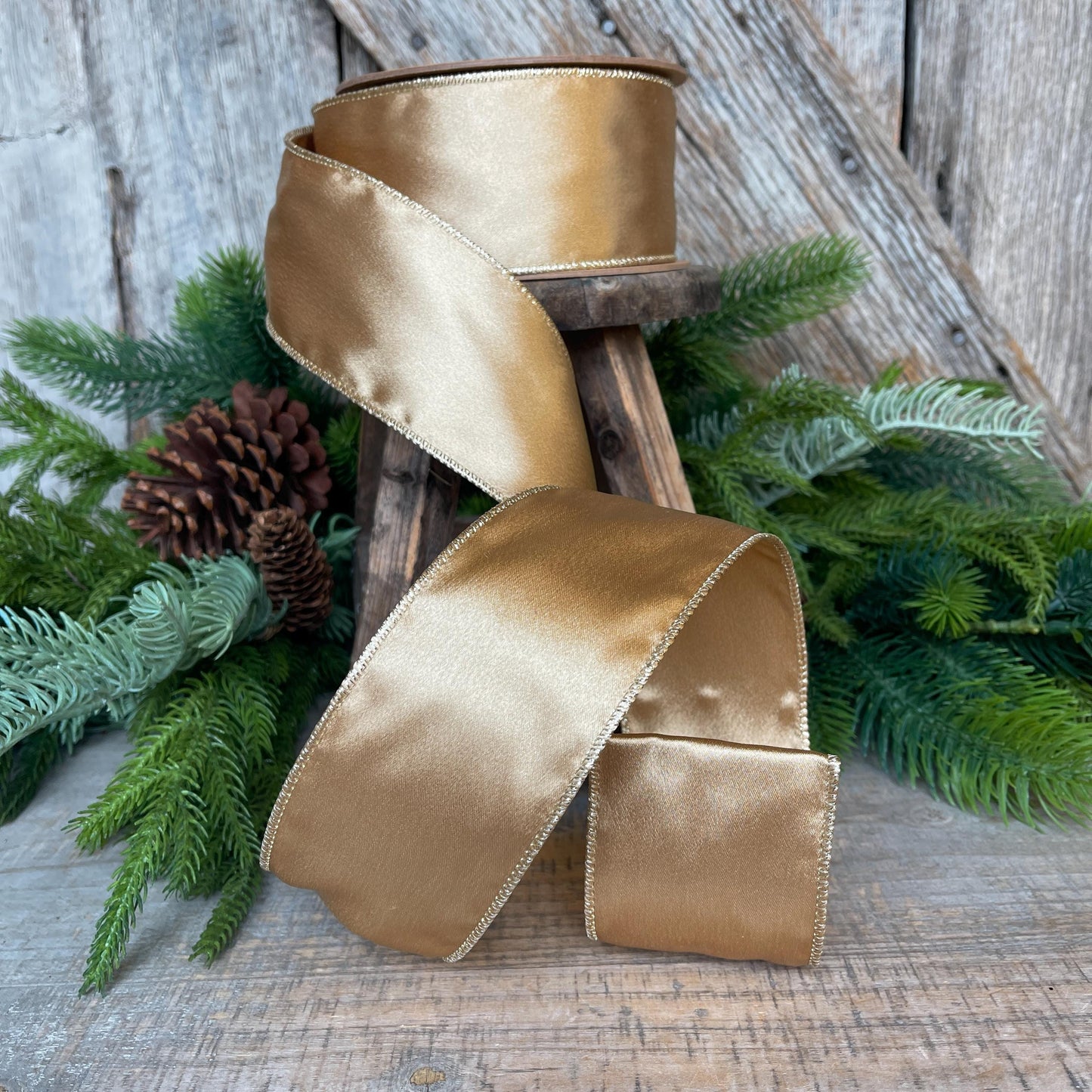 2.5" Gold Satin Ribbon, Christmas Ribbon, Shimmer Satin Ribbon, Wired Ribbon, Gold Ribbon