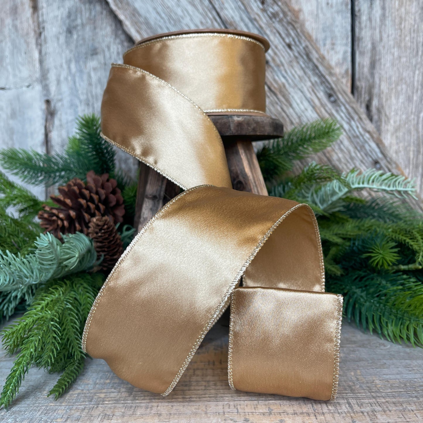 2.5" Gold Satin Ribbon, Christmas Ribbon, Shimmer Satin Ribbon, Wired Ribbon, Gold Ribbon