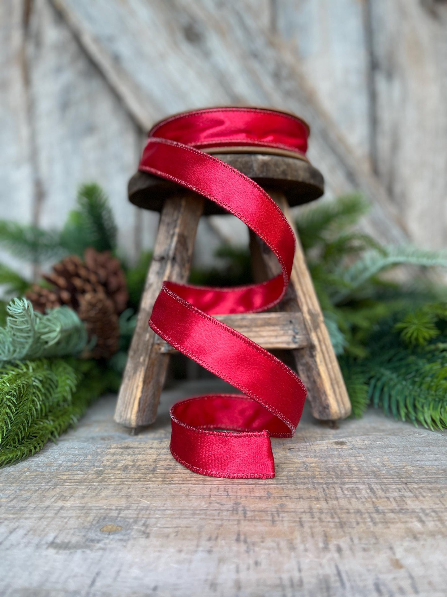 1" Red Satin Shimmer Ribbon, Christmas Ribbon, Red Ribbon, Satin Ribbon, Red Narrow Ribbon, Wired Ribbon