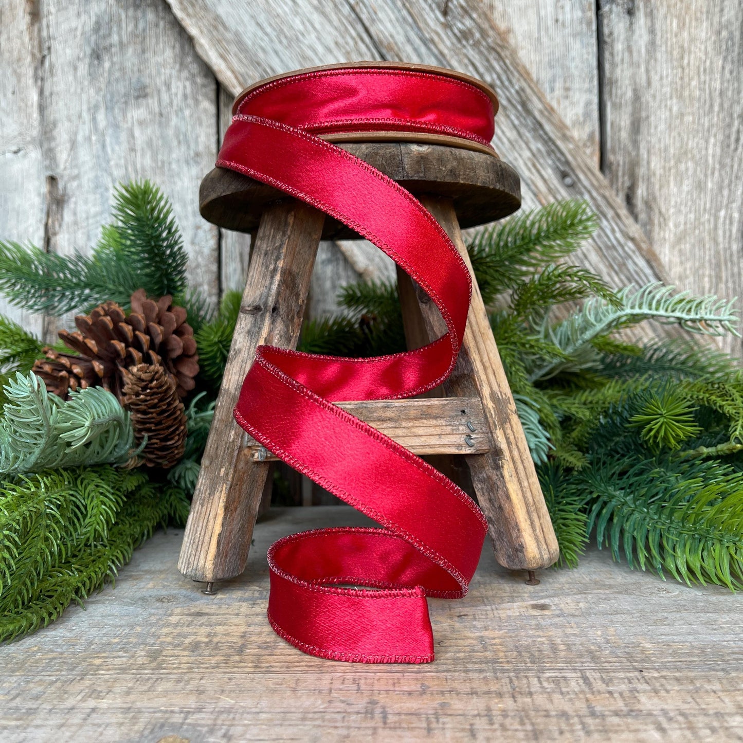 1" Red Satin Shimmer Ribbon, Christmas Ribbon, Red Ribbon, Satin Ribbon, Red Narrow Ribbon, Wired Ribbon