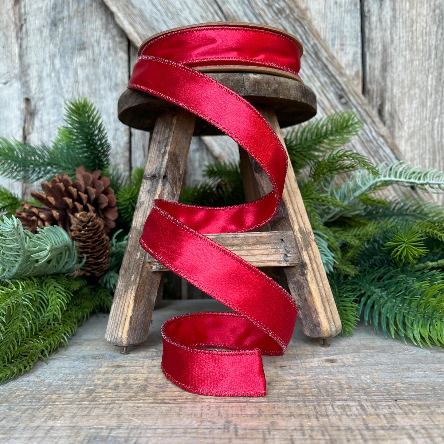 1" Red Satin Shimmer Ribbon, Christmas Ribbon, Red Ribbon, Satin Ribbon, Red Narrow Ribbon, Wired Ribbon