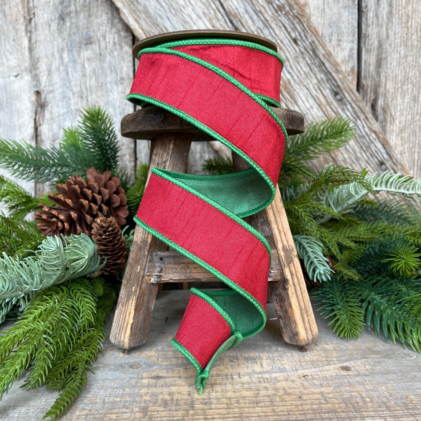 1.5" Red Green Dupion Ribbon, Christmas Ribbon, Double Sided Ribbon, Christmas Tree Ribbon