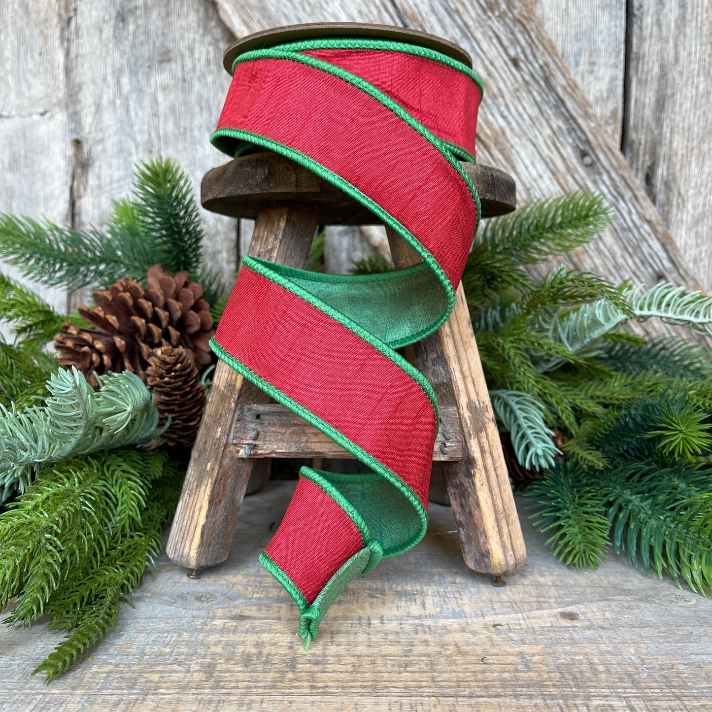 1.5" Red Green Dupion Ribbon, Christmas Ribbon, Double Sided Ribbon, Christmas Tree Ribbon