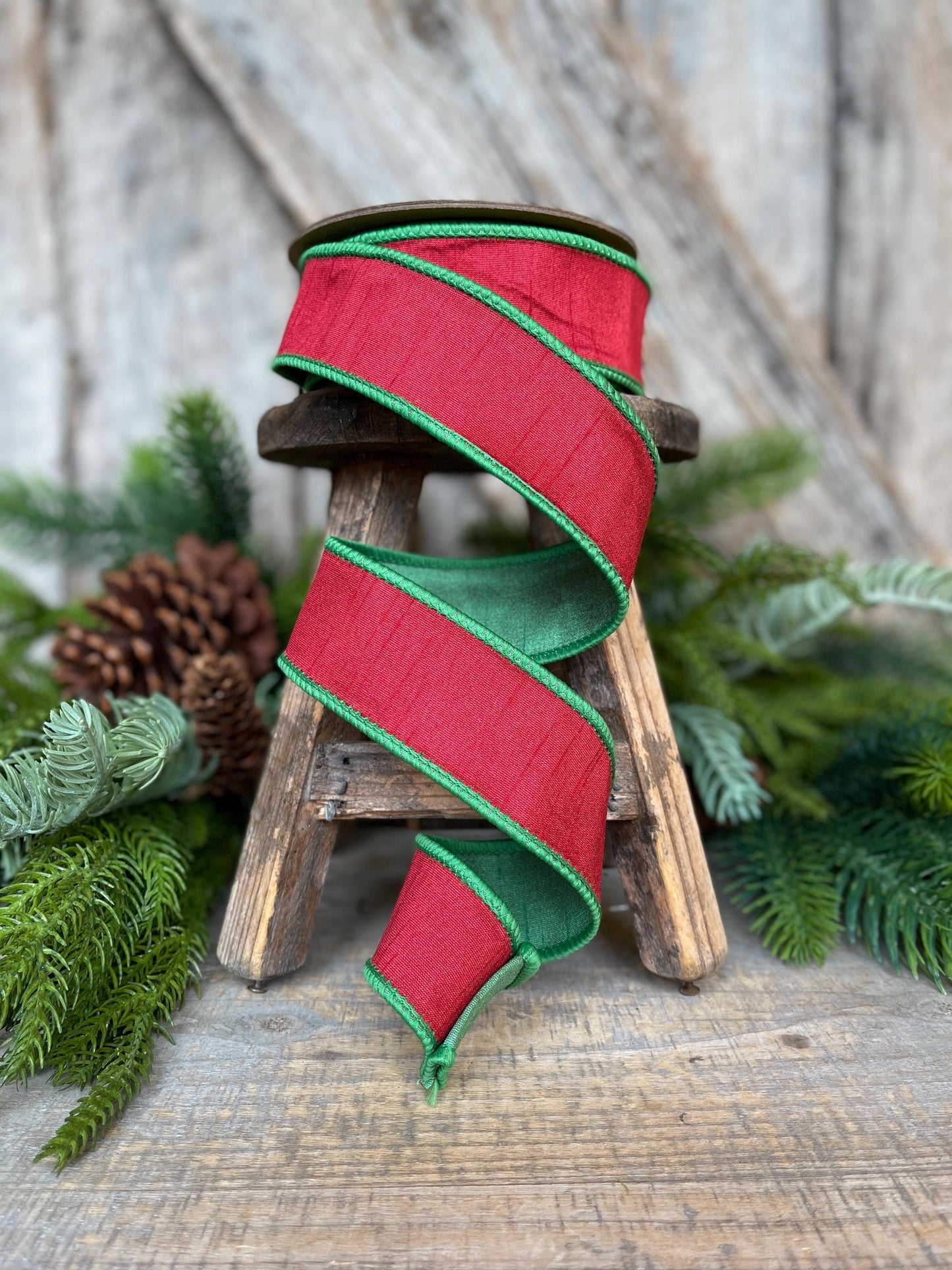 1.5" Red Green Dupion Ribbon, Christmas Ribbon, Double Sided Ribbon, Christmas Tree Ribbon