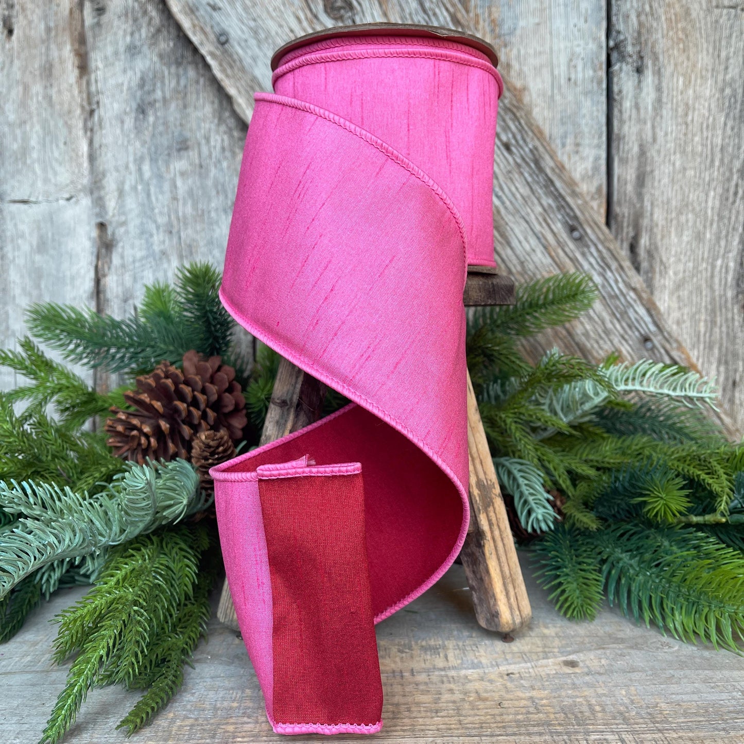 4" Pink & Red Ribbon, Doublesided ribbon, Christmas Ribbon, Bubblegum Pink Ribbon, Wired RIbbon, Designer Ribbon