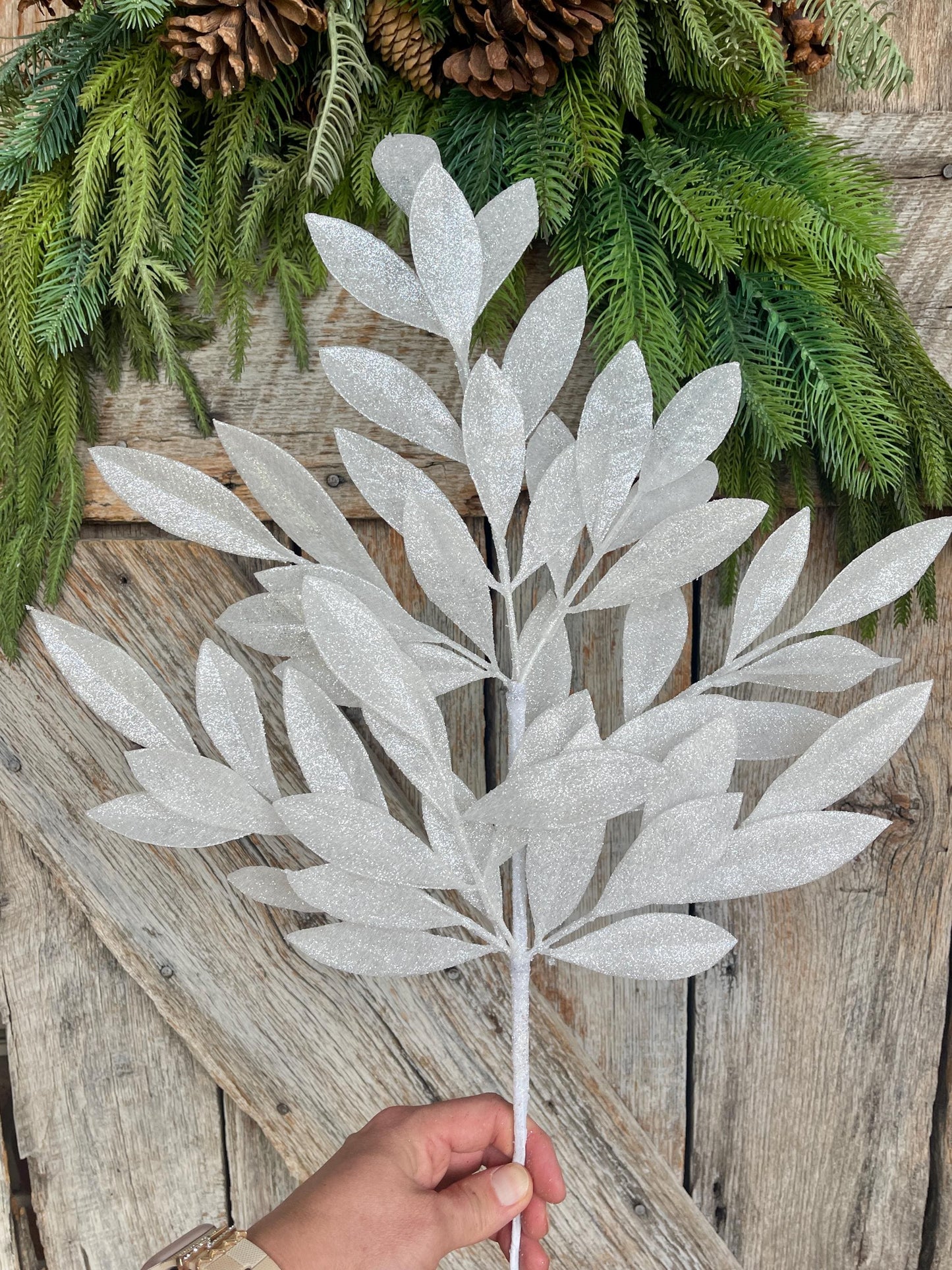 23" White Bay Leaf Glitter Spray, White Leaf Spray, Christmas Leaf Spray, XS237027, White Christmas Tree Decor, White Greenery