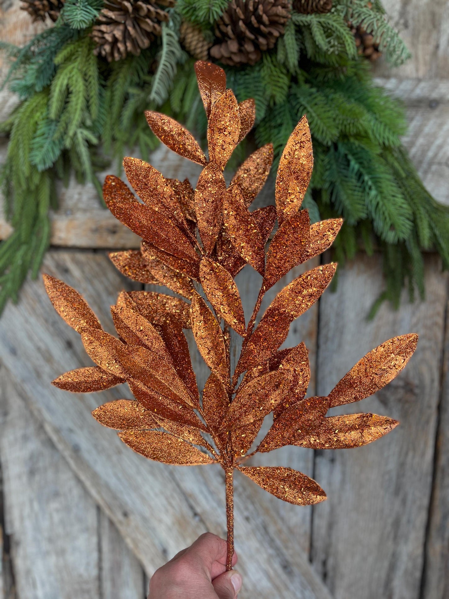 23" Copper Bay Leaf Glitter Spray, Orange Copper Leaf Spray, Fall Leaf Spray, XS618260, Christmas Tree Decor, Copper Spray