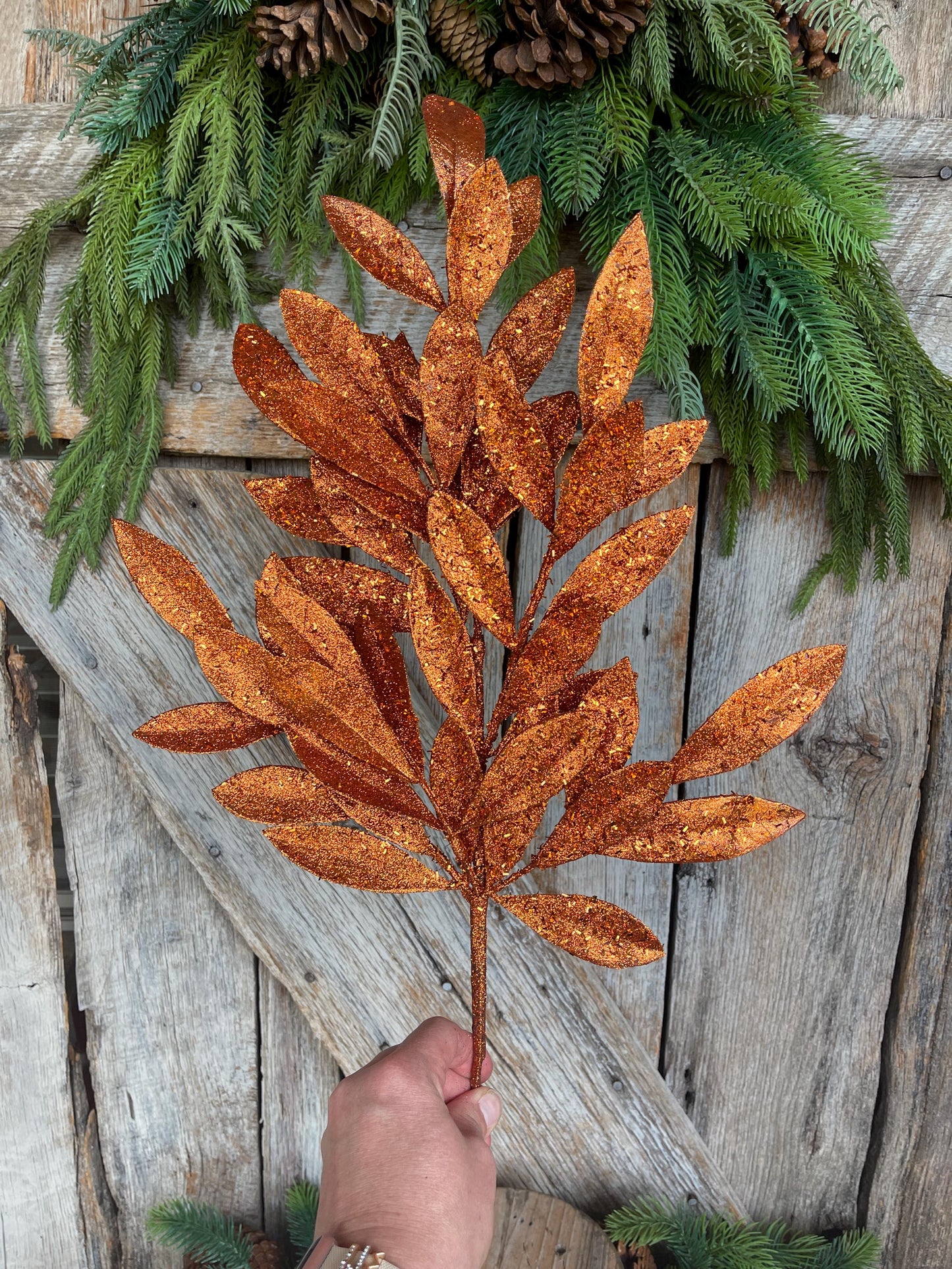 23" Copper Bay Leaf Glitter Spray, Orange Copper Leaf Spray, Fall Leaf Spray, XS618260, Christmas Tree Decor, Copper Spray