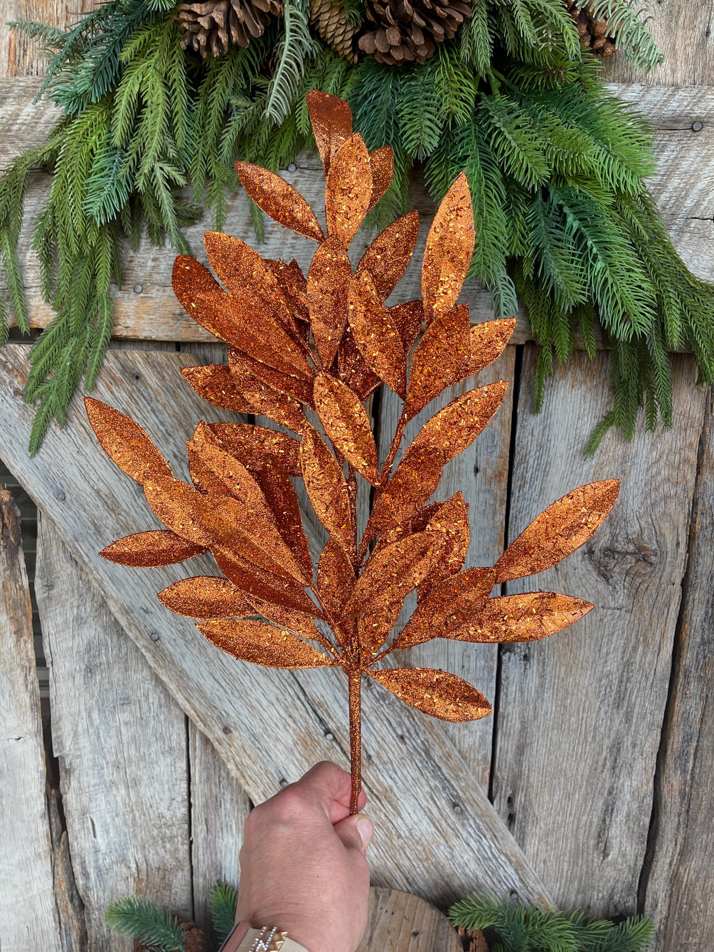 23" Copper Bay Leaf Glitter Spray, Orange Copper Leaf Spray, Fall Leaf Spray, XS618260, Christmas Tree Decor, Copper Spray