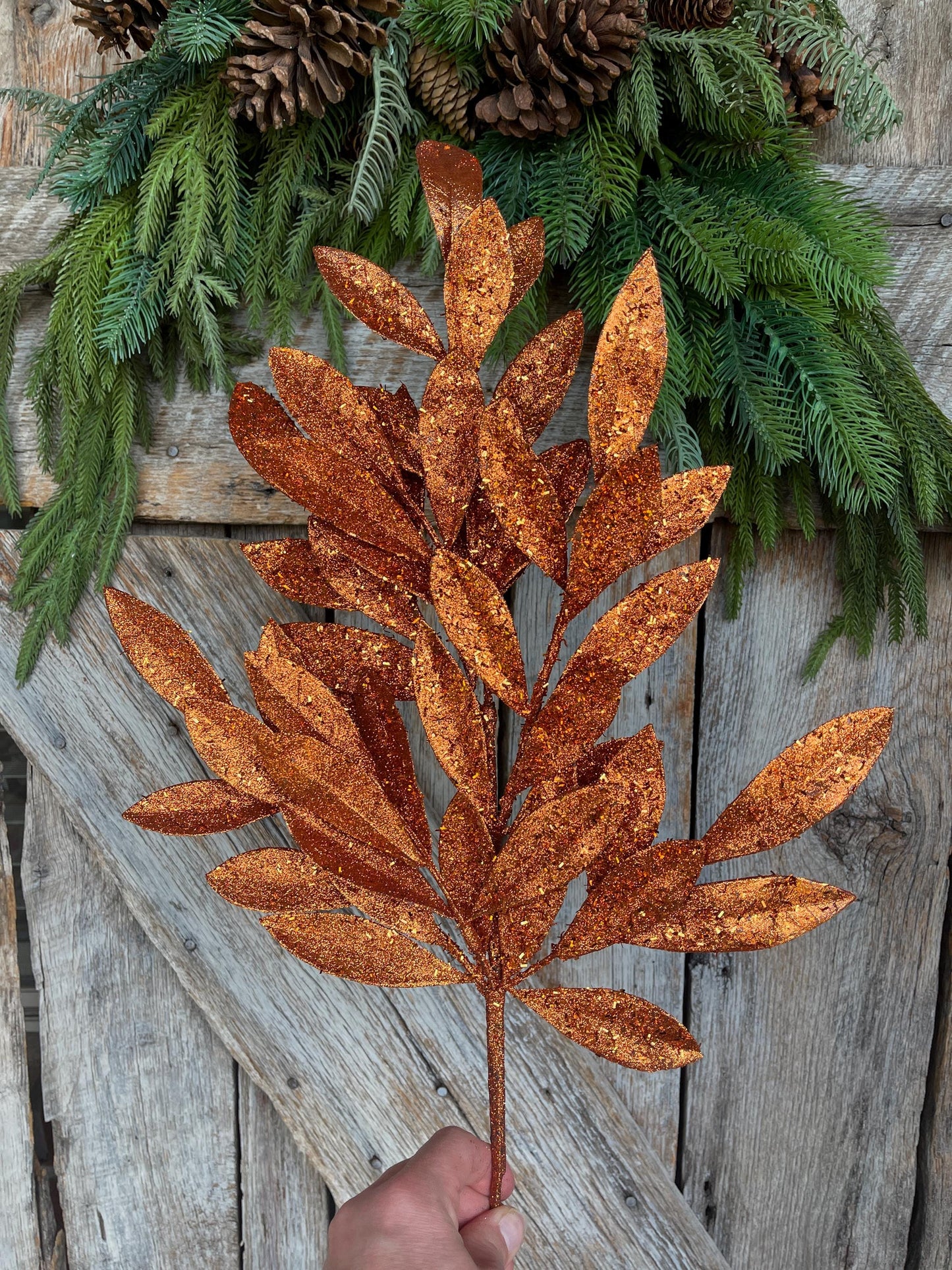 23" Copper Bay Leaf Glitter Spray, Orange Copper Leaf Spray, Fall Leaf Spray, XS618260, Christmas Tree Decor, Copper Spray