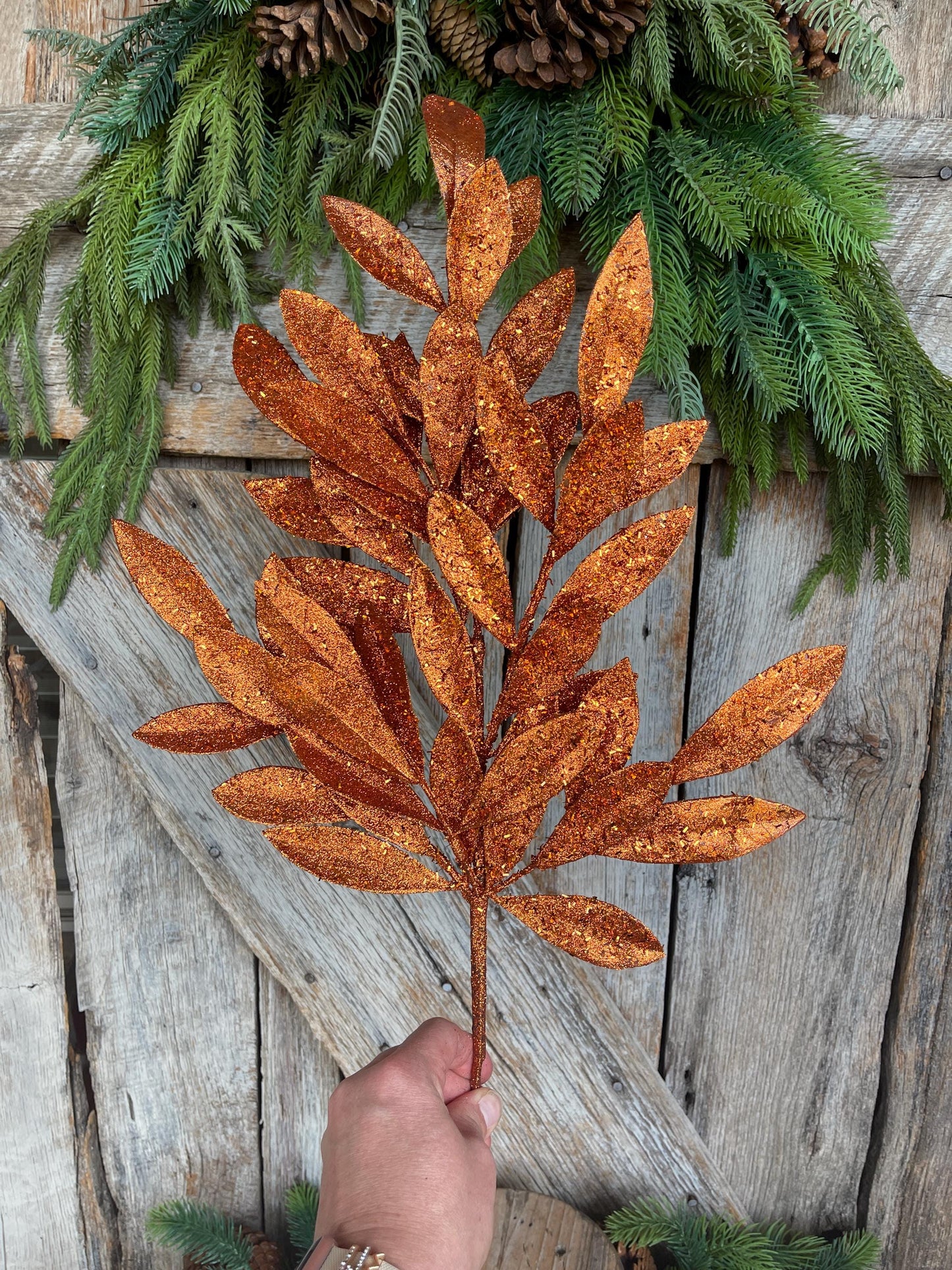 23" Copper Bay Leaf Glitter Spray, Orange Copper Leaf Spray, Fall Leaf Spray, XS618260, Christmas Tree Decor, Copper Spray