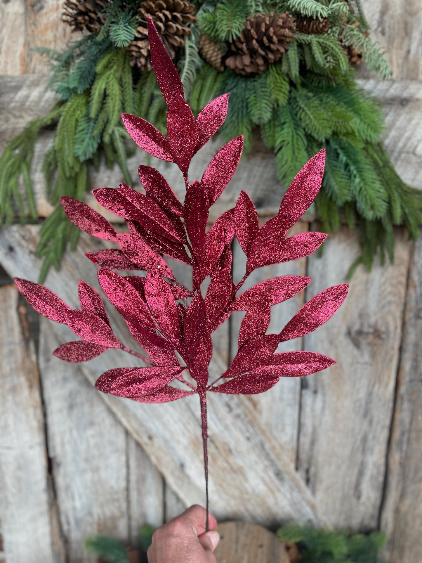 23" Burgundy Bay Leaf Glitter Spray, Burgundy Maroon Leaf Spray, Fall Leaf Spray, XS618205, Christmas Tree Decor, Burgundy Spray