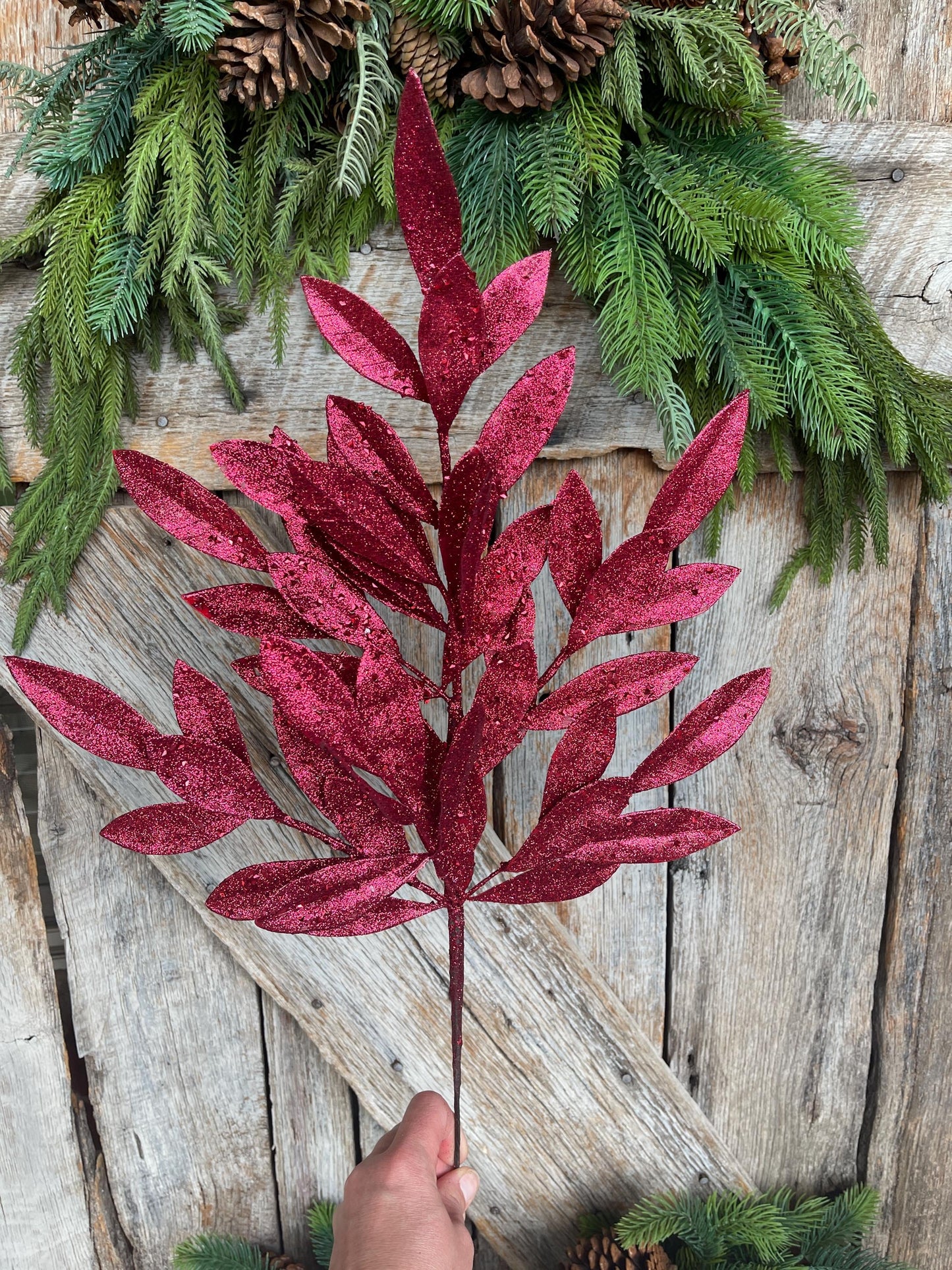 23" Burgundy Bay Leaf Glitter Spray, Burgundy Maroon Leaf Spray, Fall Leaf Spray, XS618205, Christmas Tree Decor, Burgundy Spray