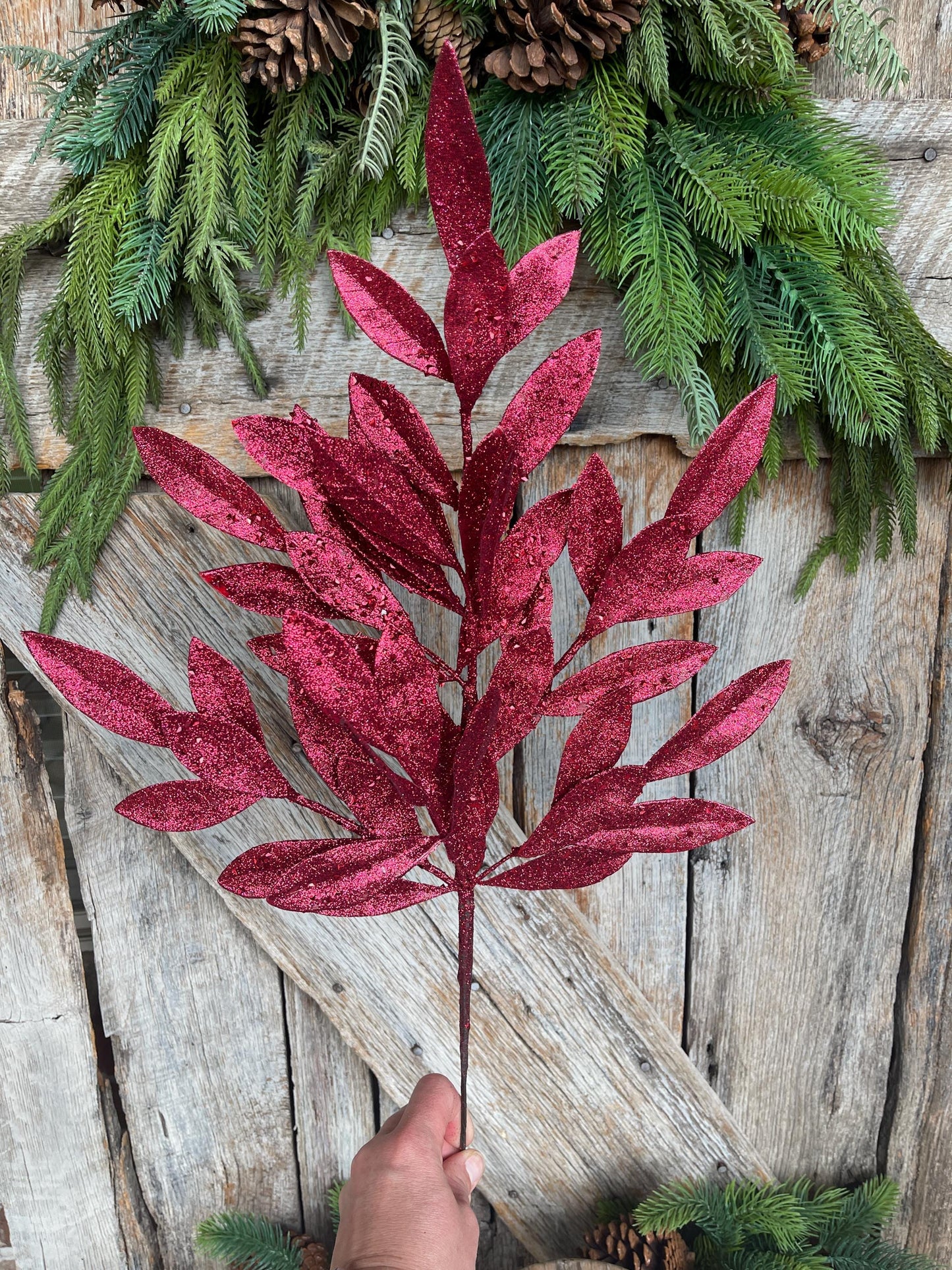 23" Burgundy Bay Leaf Glitter Spray, Burgundy Maroon Leaf Spray, Fall Leaf Spray, XS618205, Christmas Tree Decor, Burgundy Spray