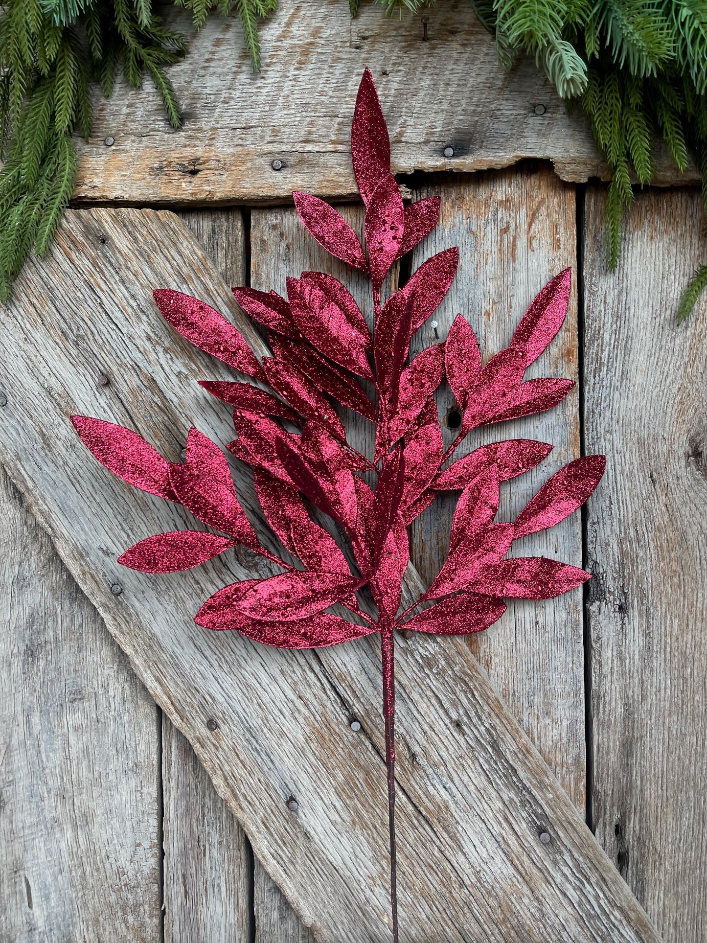 23" Burgundy Bay Leaf Glitter Spray, Burgundy Maroon Leaf Spray, Fall Leaf Spray, XS618205, Christmas Tree Decor, Burgundy Spray