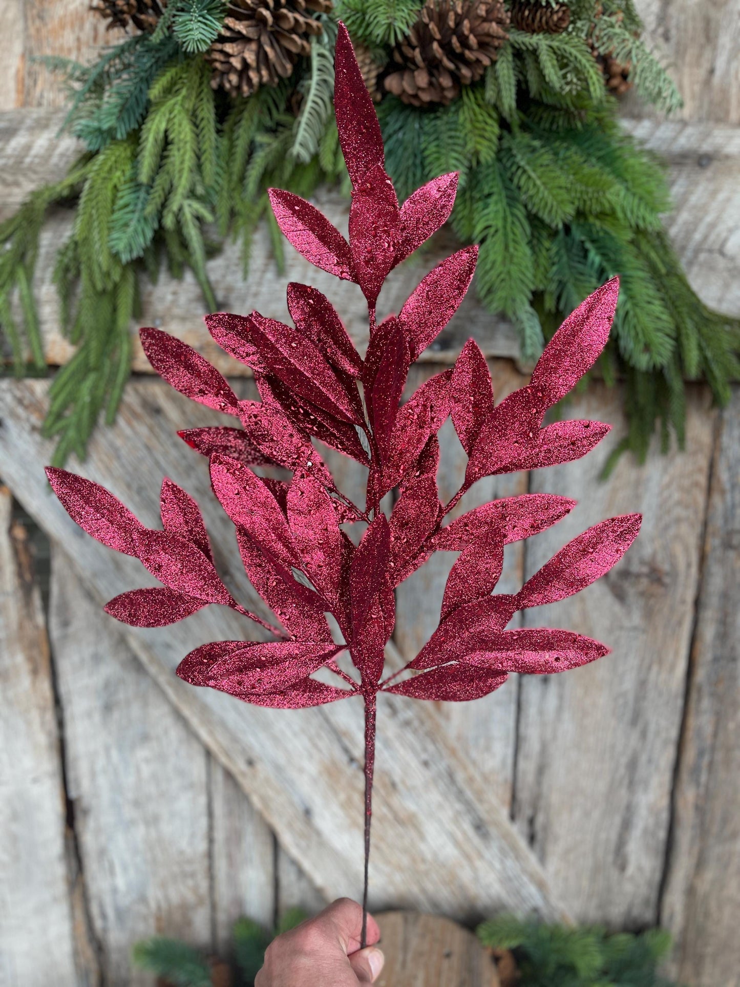 23" Burgundy Bay Leaf Glitter Spray, Burgundy Maroon Leaf Spray, Fall Leaf Spray, XS618205, Christmas Tree Decor, Burgundy Spray
