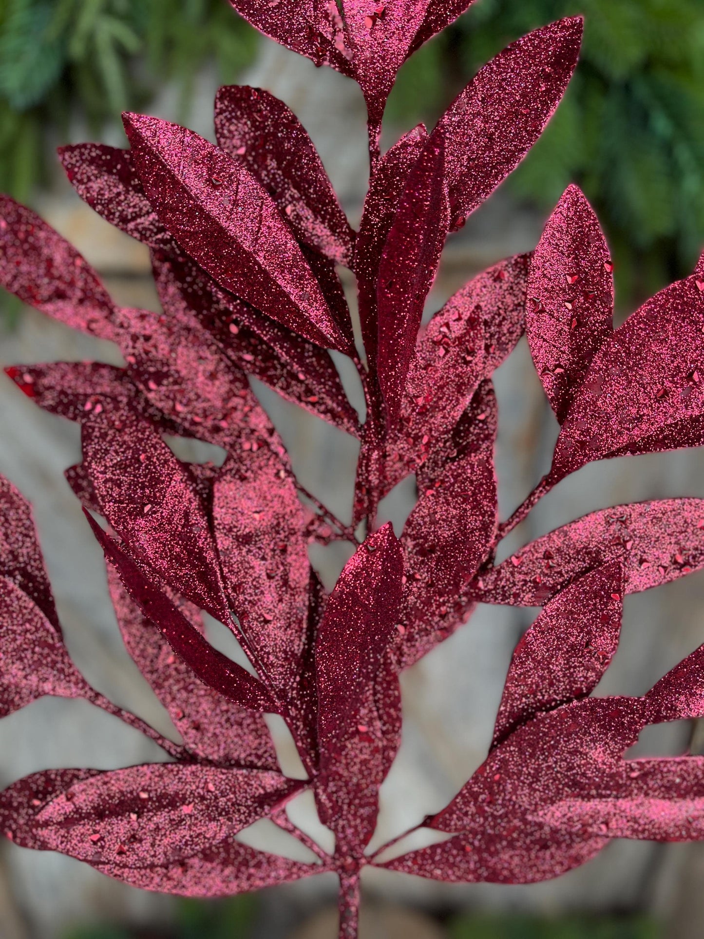 23" Burgundy Bay Leaf Glitter Spray, Burgundy Maroon Leaf Spray, Fall Leaf Spray, XS618205, Christmas Tree Decor, Burgundy Spray